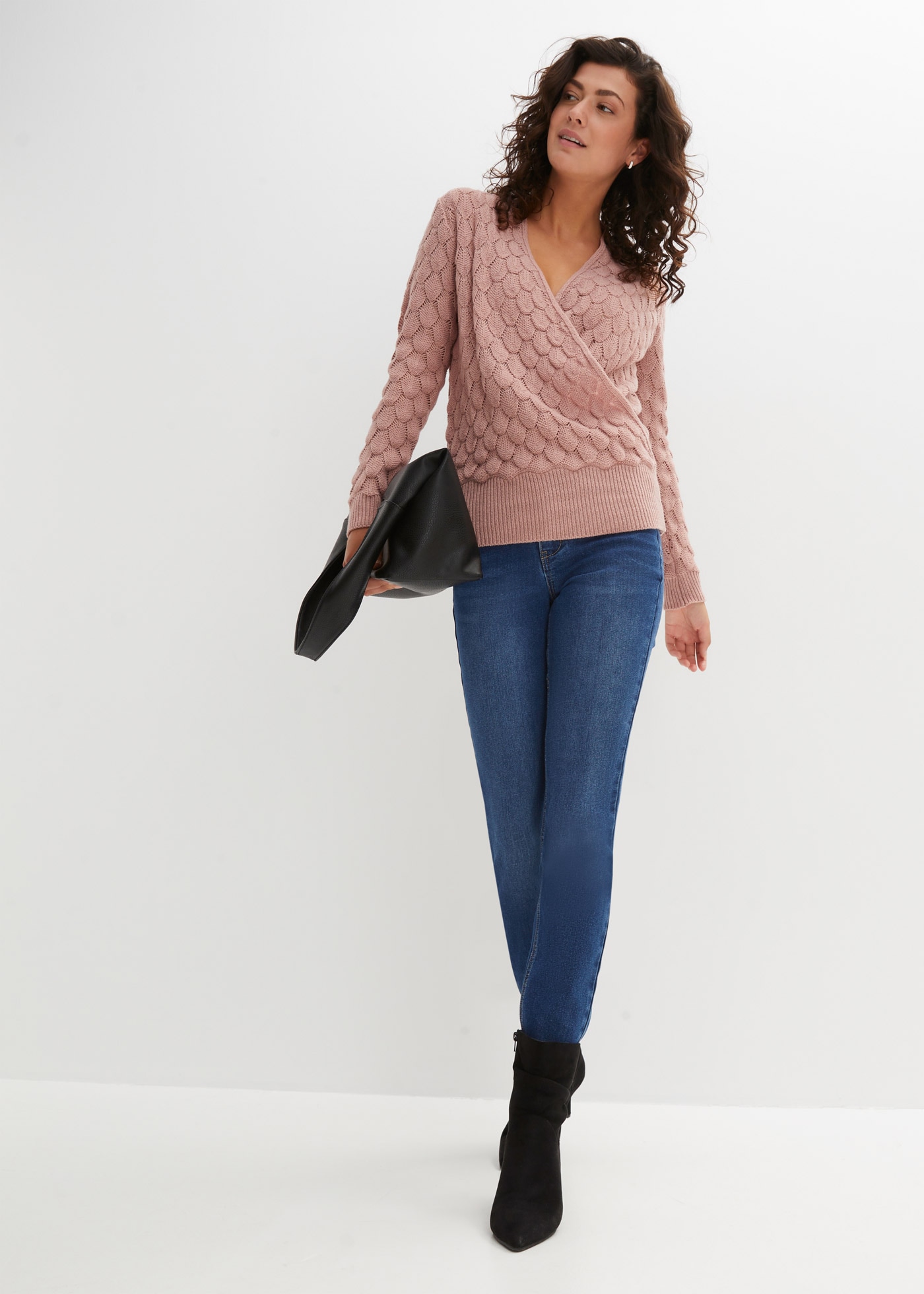 bonprix Strickpullover im tollen Ajour-Strick, Wickeloptik, bequeme Passform