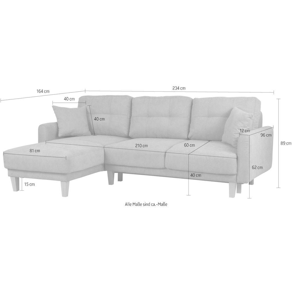 Home affaire Ecksofa »Triplo, Zierkissen, Schlaffunktion, B/T/H: 234/164/89 cm, L-Form«