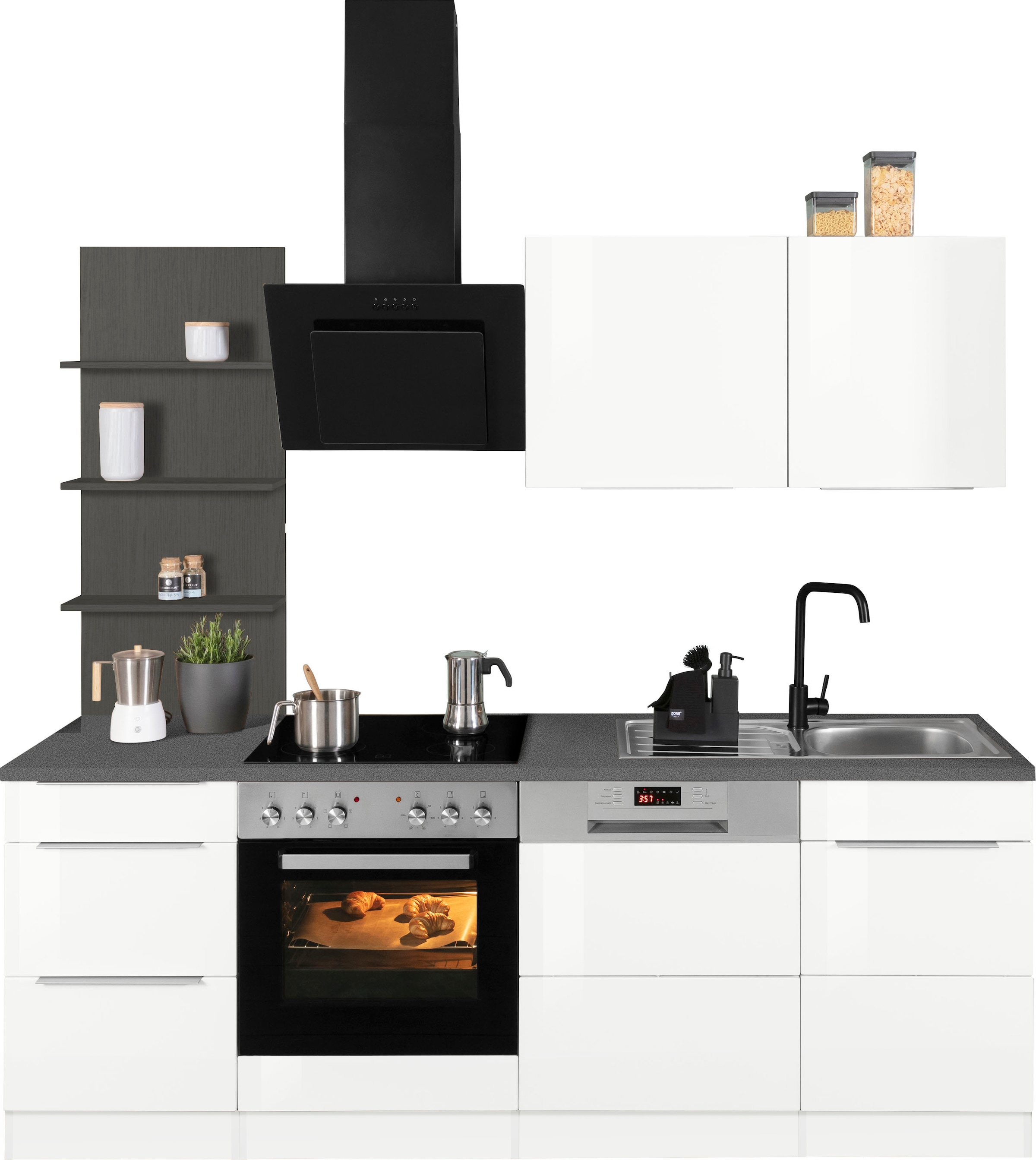 KOCHSTATION Küchenzeile "KS-Brindisi" Breite 220 cm, wahlweise mit E-Geräten, mit MDF-Fronten und Regal