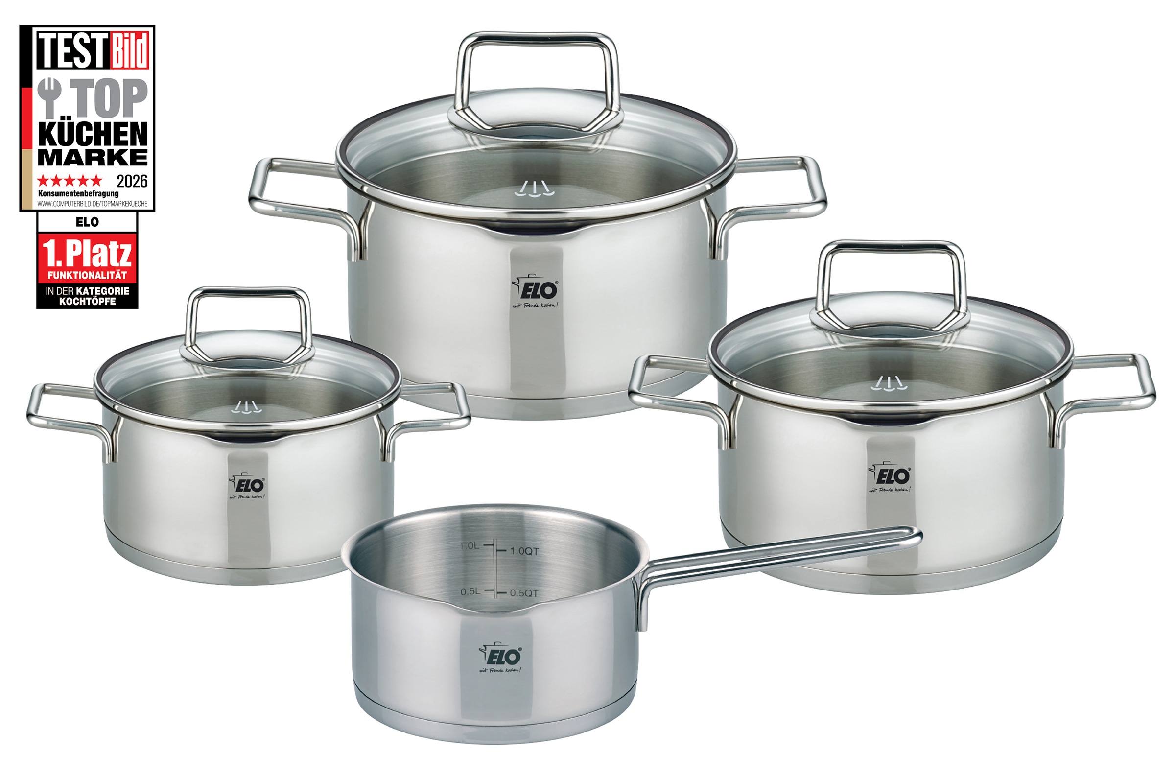 Elo Topf-Set "Smart Steam" Set, je 1 Fleischtopf Ø 16/20/24 cm, 1x Stieltopf Ø 16 cm, 7 Stk. tlg. Edelstahl 18/10