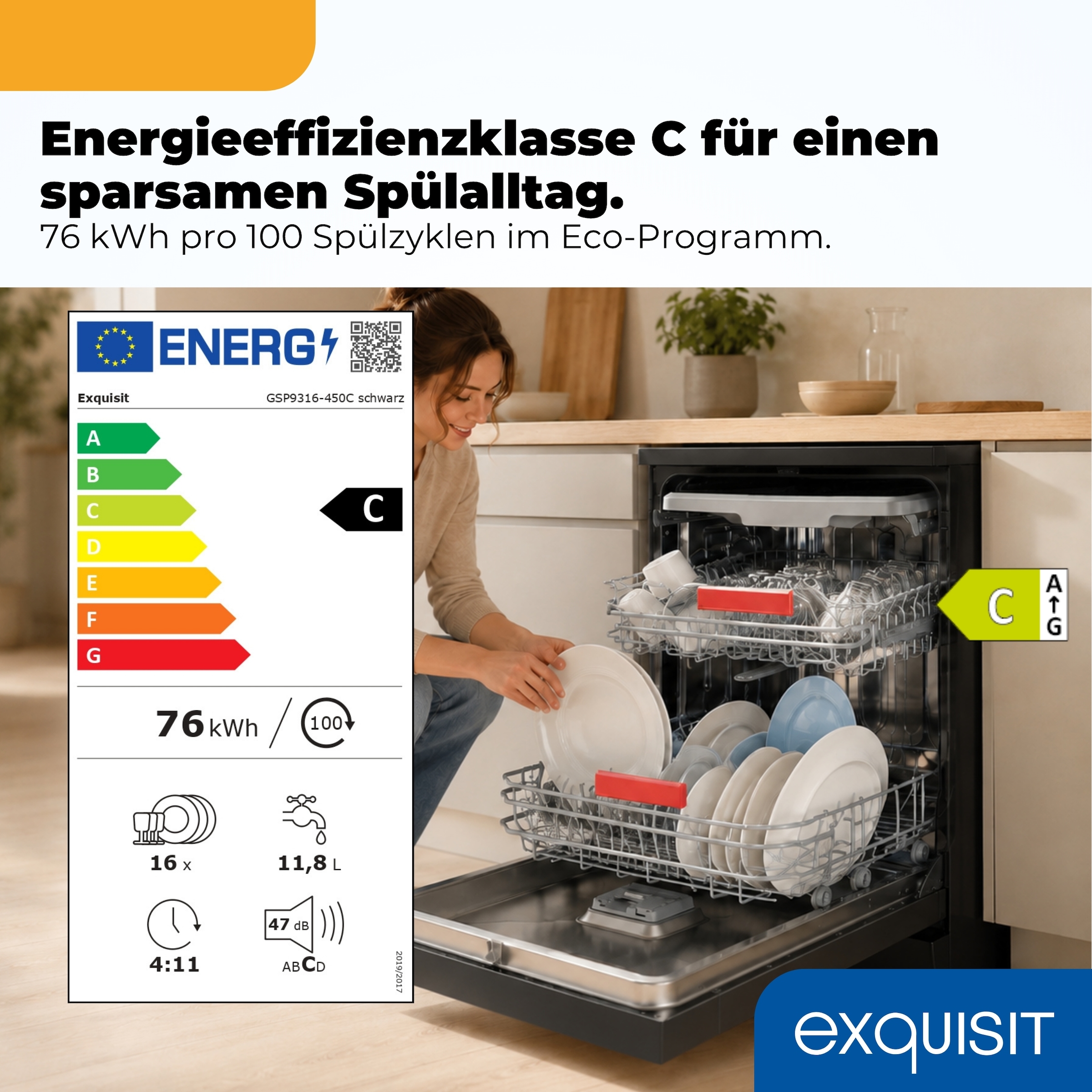 exquisit Standgeschirrspüler »GSP9316-450C schwarz« 10,9 l 16 tlg. Maßgedecke 16 Maßgedecke, LED, Besteckschublade, AquaStop