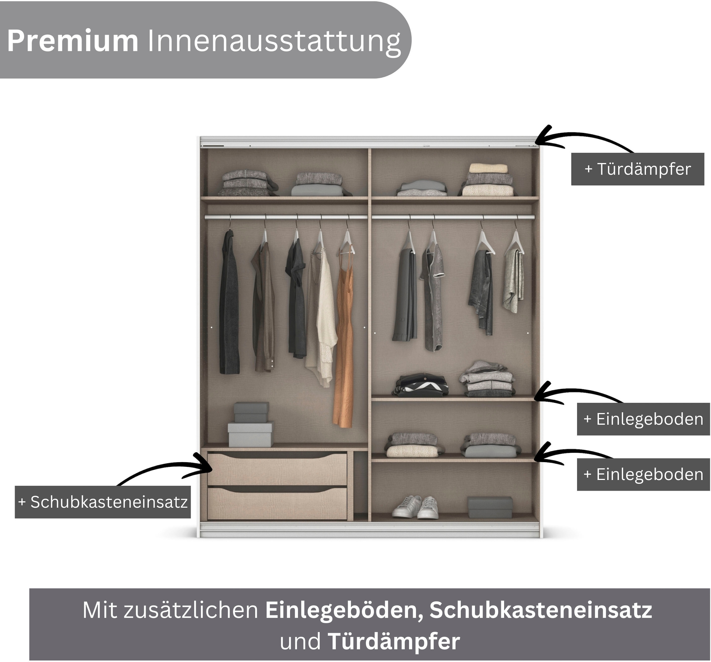 INOSIGN BY RAUCH Schwebetürenschrank »Kleiderschrank Schrank Garderobe Schlafzimmerschrank THANOS«, (in 3 verschiedenen Ausstattungen BASIC/CLASSIC/PREMIUM), Optional mit Spiegel, Metall-Griffleisten alufarben MADE IN GERMANY