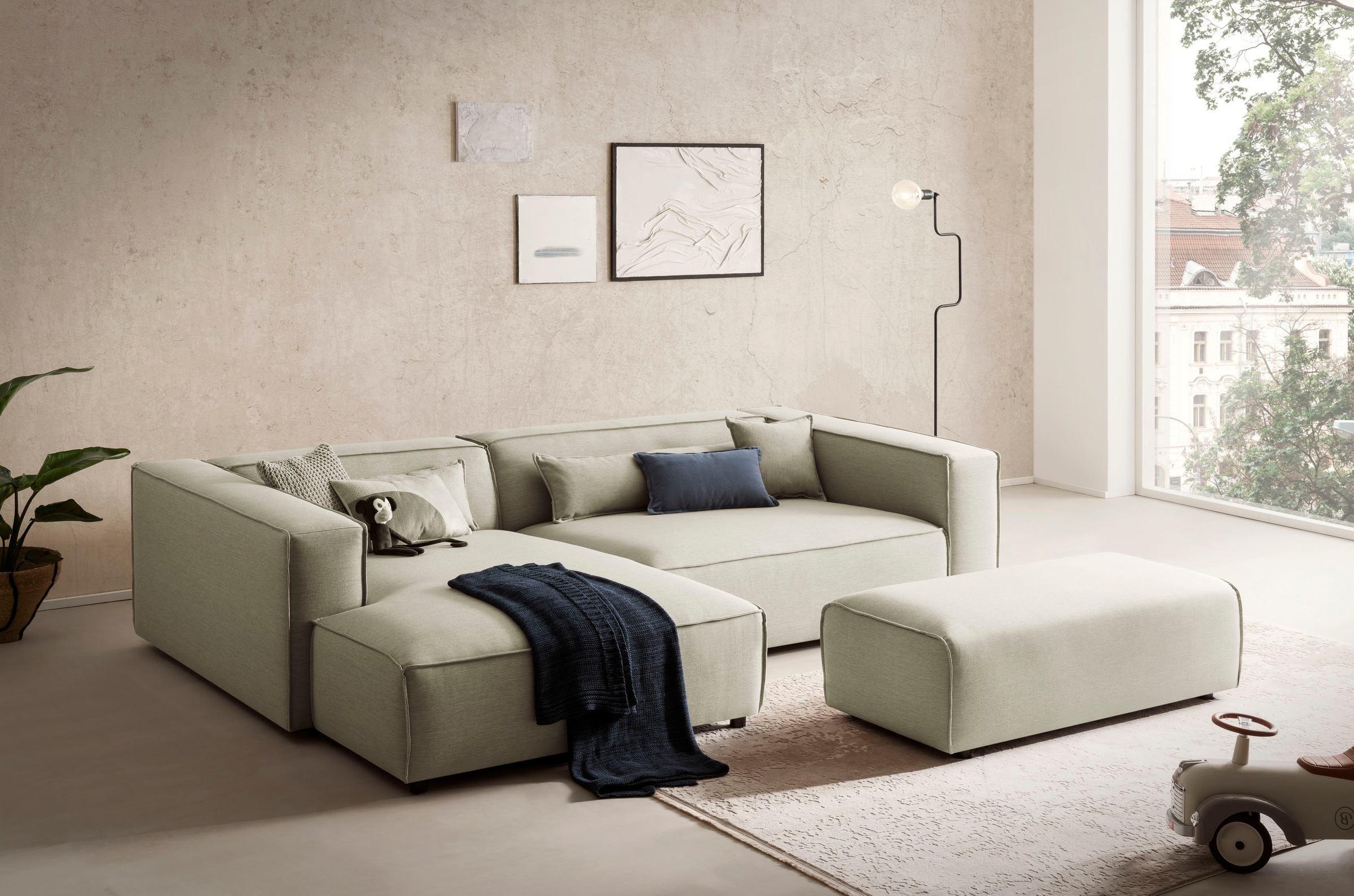 LeGer Home by Lena Gercke Polsterecke »PIARA XXL, L-Form mit Schlaffunktion, Big-Sofa in Cord o. Leinenoptik«, Hocker stellbar zum Schlafsofa (Krokodilverbinder), tiefe Sitzfläche