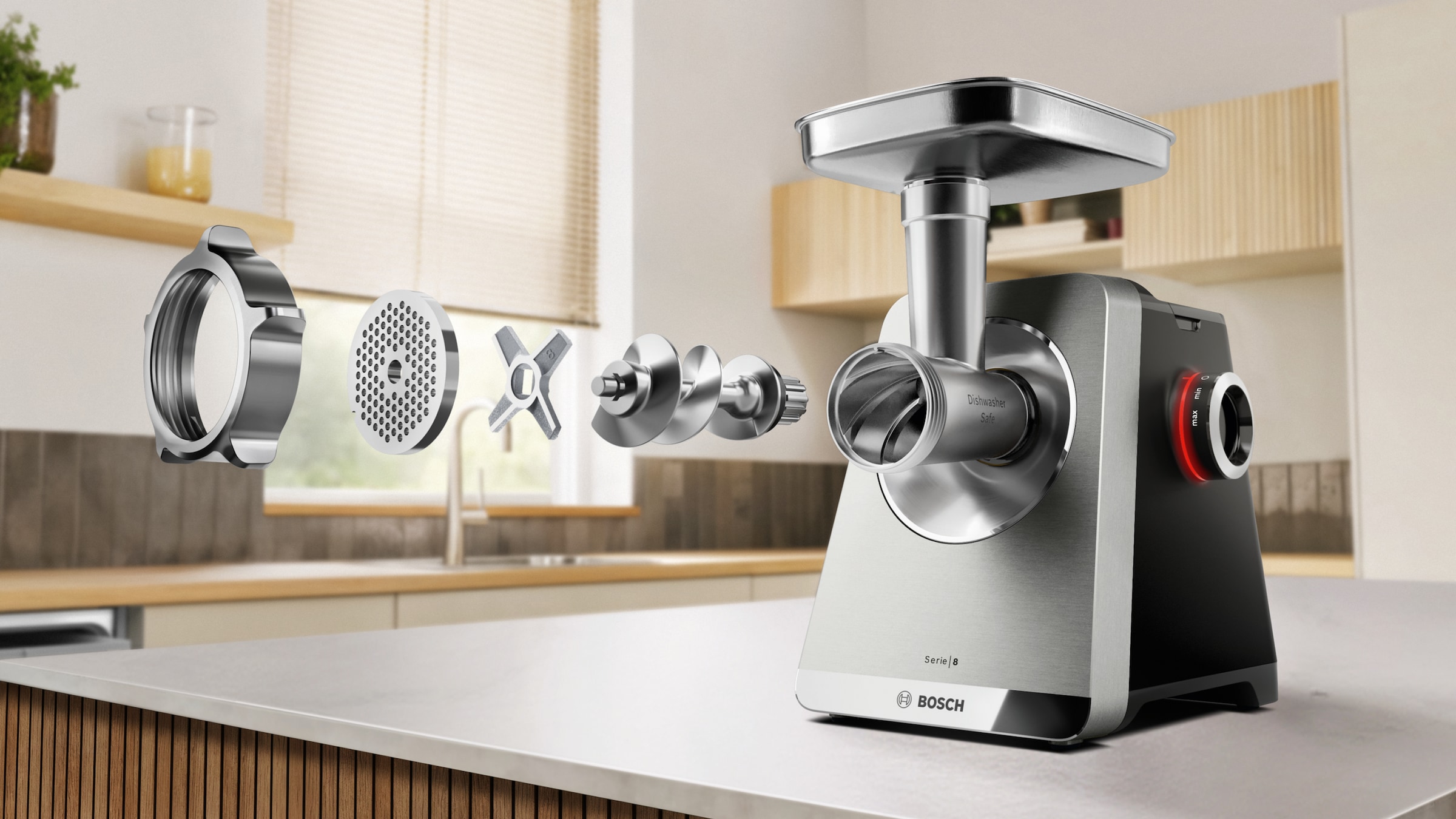 BOSCH Fleischwolf »Serie 8 MFWS840M, bis zu 4,5 kg Fleisch pro Min., spülmaschinenfest« 800 W Edelstahl, 10-Jahre Motorgarantie, mit drei Lochscheiben, 2.500 W