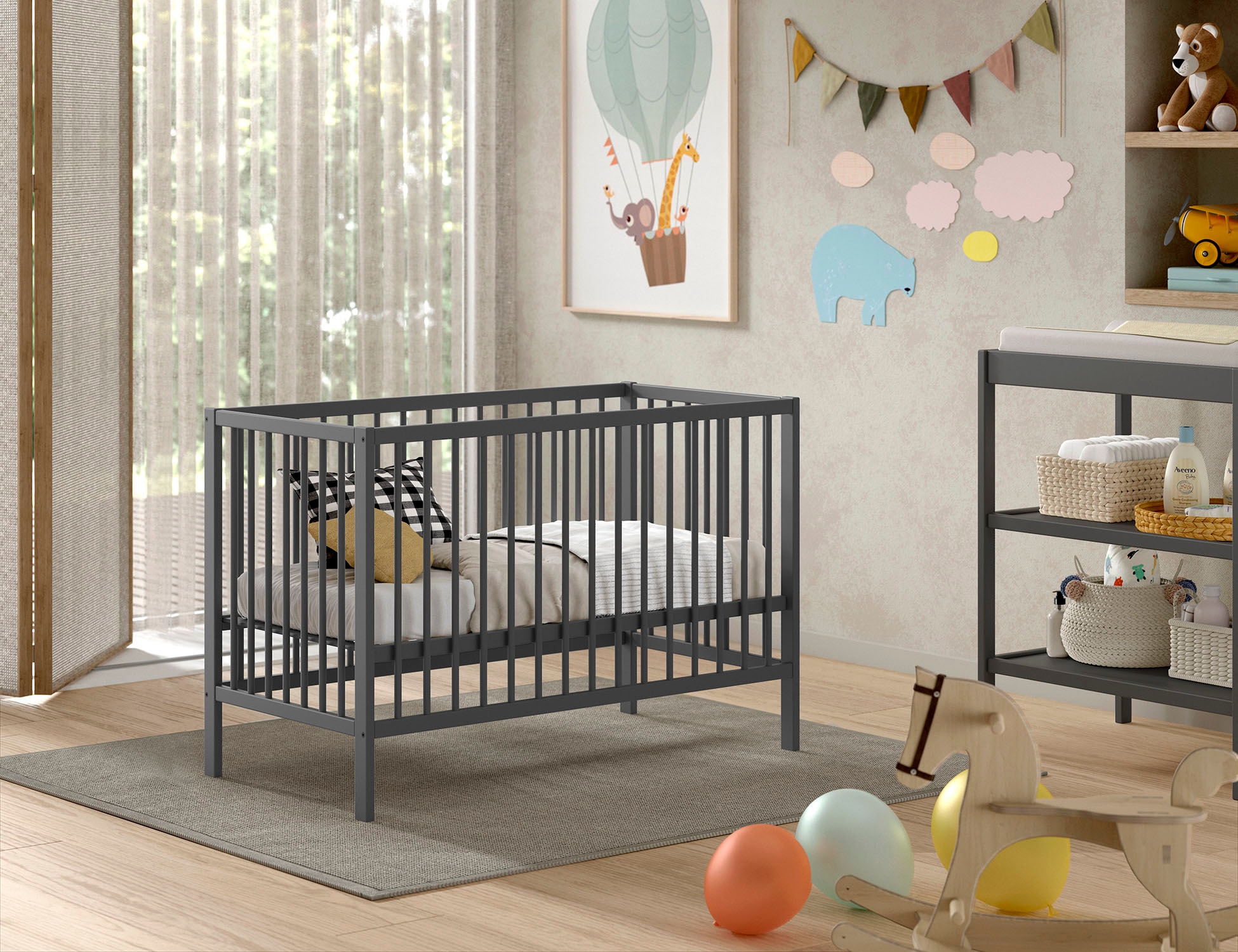 Vipack Babybett »Dino 60/120 cm mit 3-fach verstellbarem Lattenrost, stabile Bauweise« Gitterbett aus massiver Buche, wahlweise in 3 Farben