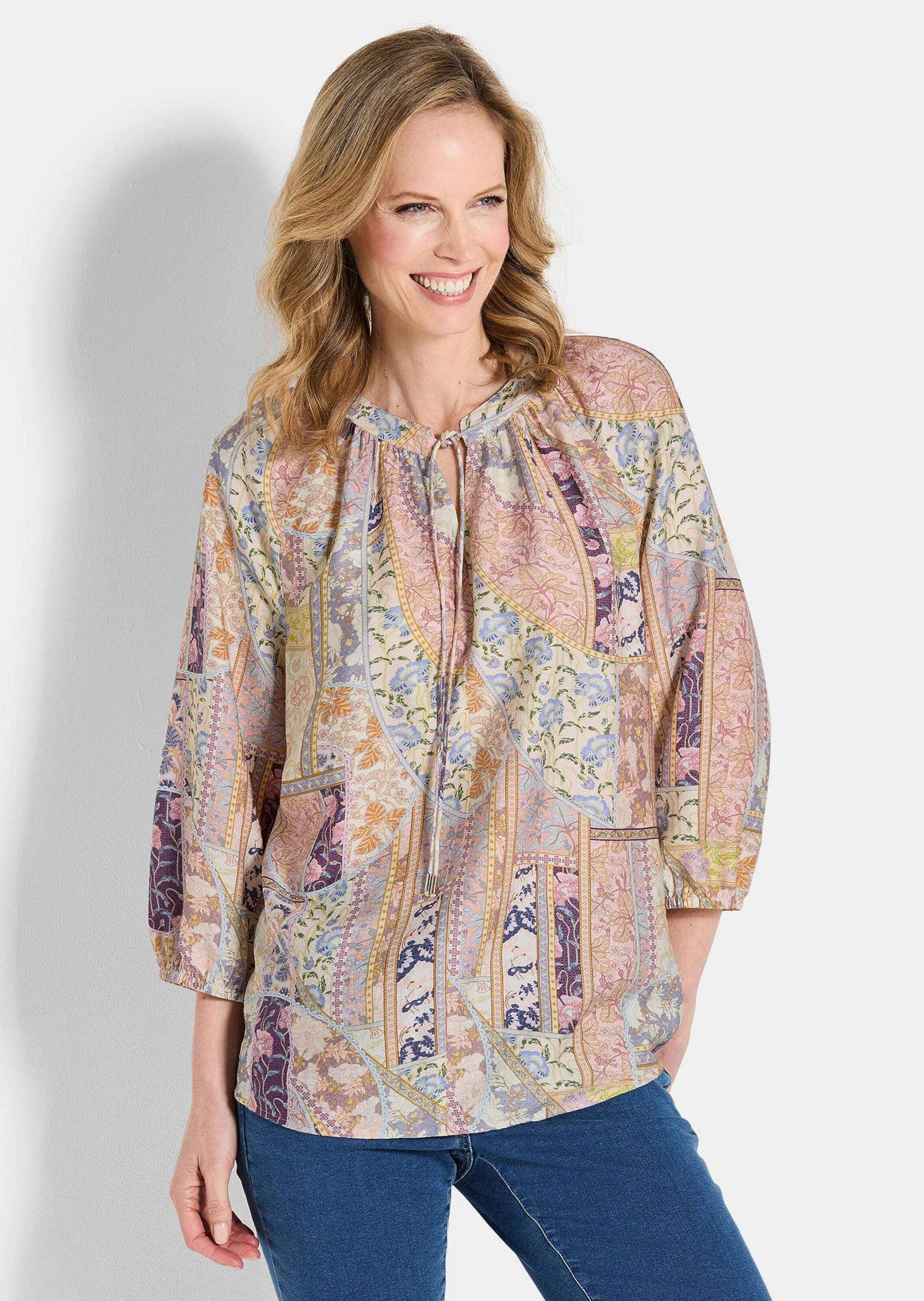 GOLDNER Schlupfbluse »Kurzgröße Luftige Patch-Druck-Bluse mit 3/4-Arm« Bindebändchen