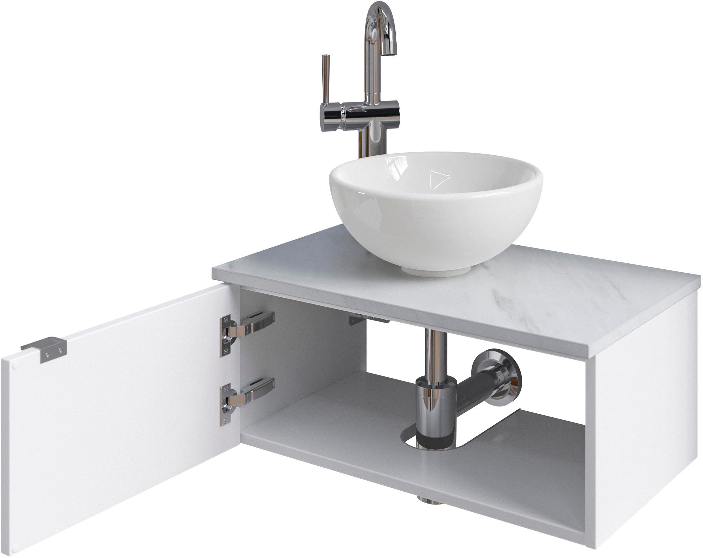 Saphir Waschtisch »Serie 6915 Waschschale mit Unterschrank für Gästebad, Gäste WC« Keramik-Aufsatzbecken, Waschtischplatte, Waschtischunterschrank, 3 Stk. tlg. 61 cm breit, 1 Tür, offenes Fach, kleine Bäder, ohne Armatur