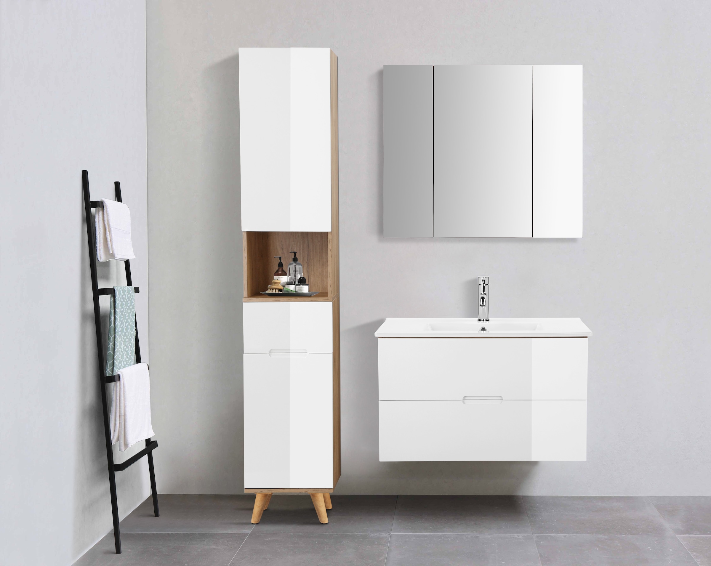 welltime Hochschrank »Lund Badschrank skandinavisches Design mit viel Stauraum«, Badmöbel, 2 Türen und 1 Schublade, Breite 35cm