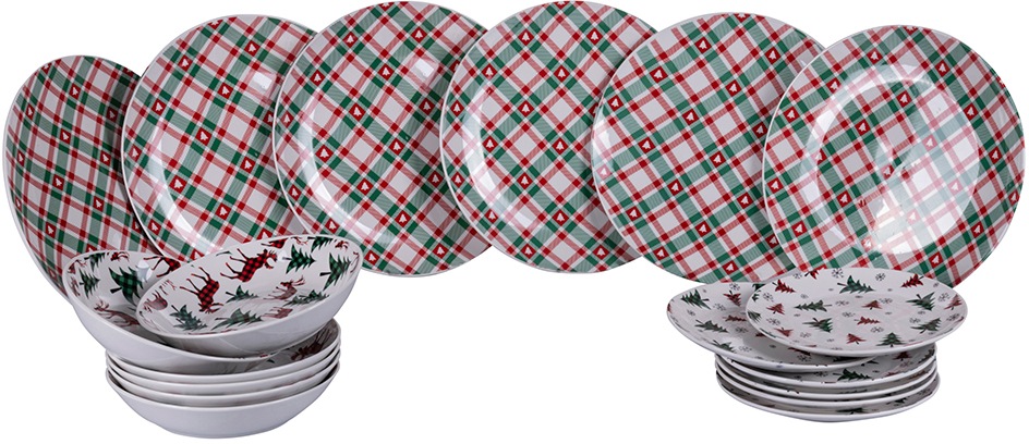 Villa d'Este Tafelservice »Geschirr-Set, Service Denver, Winter, Weihnachen«, (Set, 18 tlg.), Speiseteller, Suppenteller, Dessertteller, 18 Teile, für 6 Personen