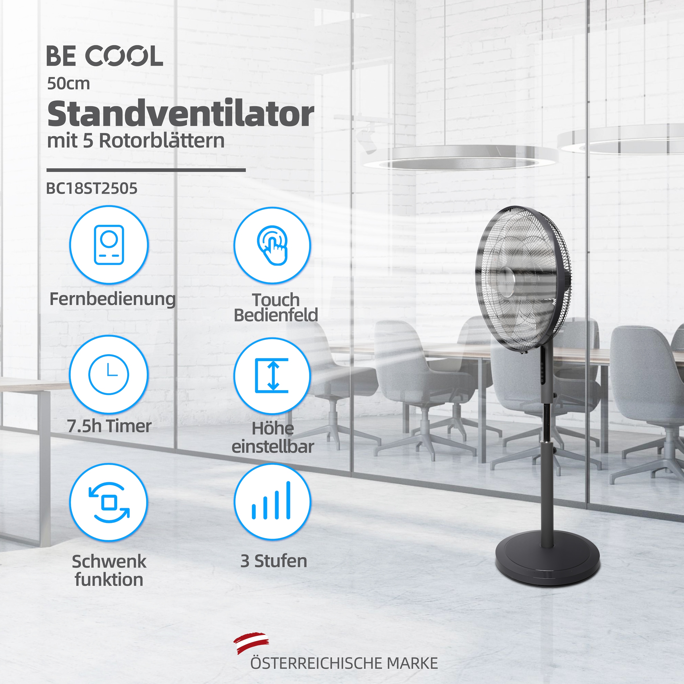 be cool Standventilator »Standventilator 50cm mit 5 Rotorblättern«, Schwenkfunktion, 5-flügelig, Fernbedienung