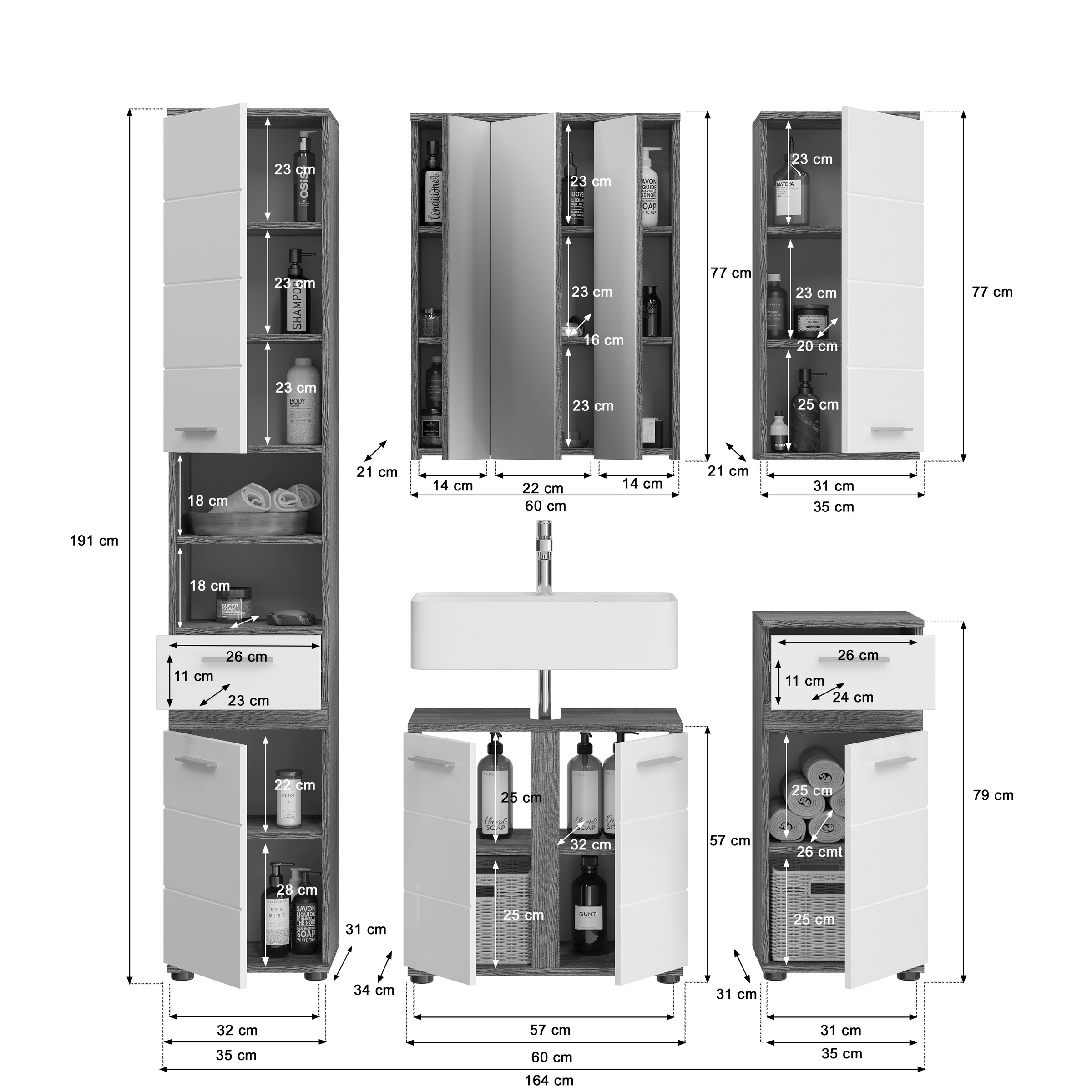 welltime Badmöbel-Set »LUCCA, 5-teilig, TOPSELLER!, inklusive LED Beleuchtung, bestehend aus:«, (Set, 5 St.), Hochschrank, WBU, Spiegelschrank, Unterschrank, Hängeschrank