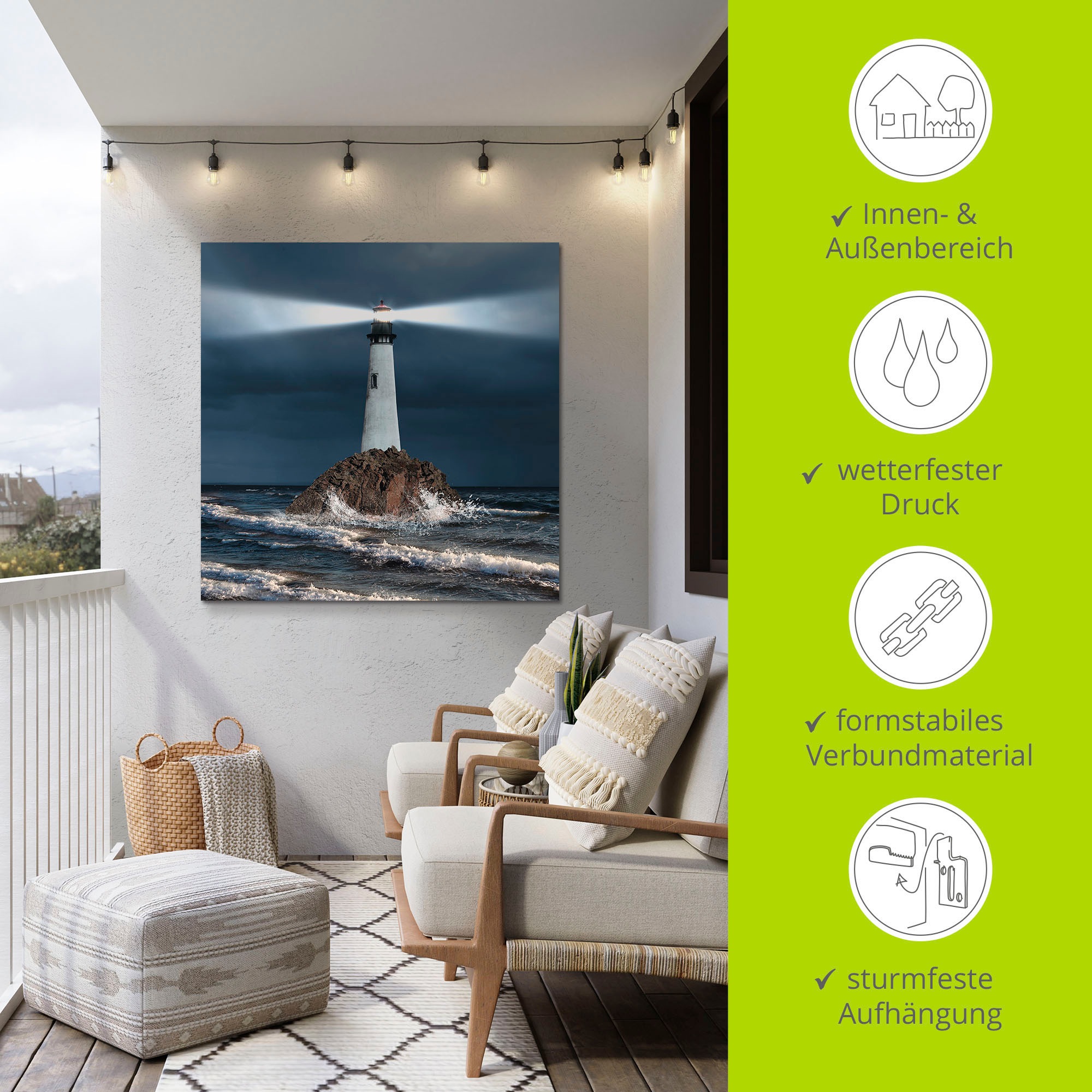 Artland Wandbild »Bild von Leuchtturm mit Lichtstrahl«, Gebäude, (1 St.), als Alubild, Outdoorbild, Leinwandbild, Poster, Wandaufkleber