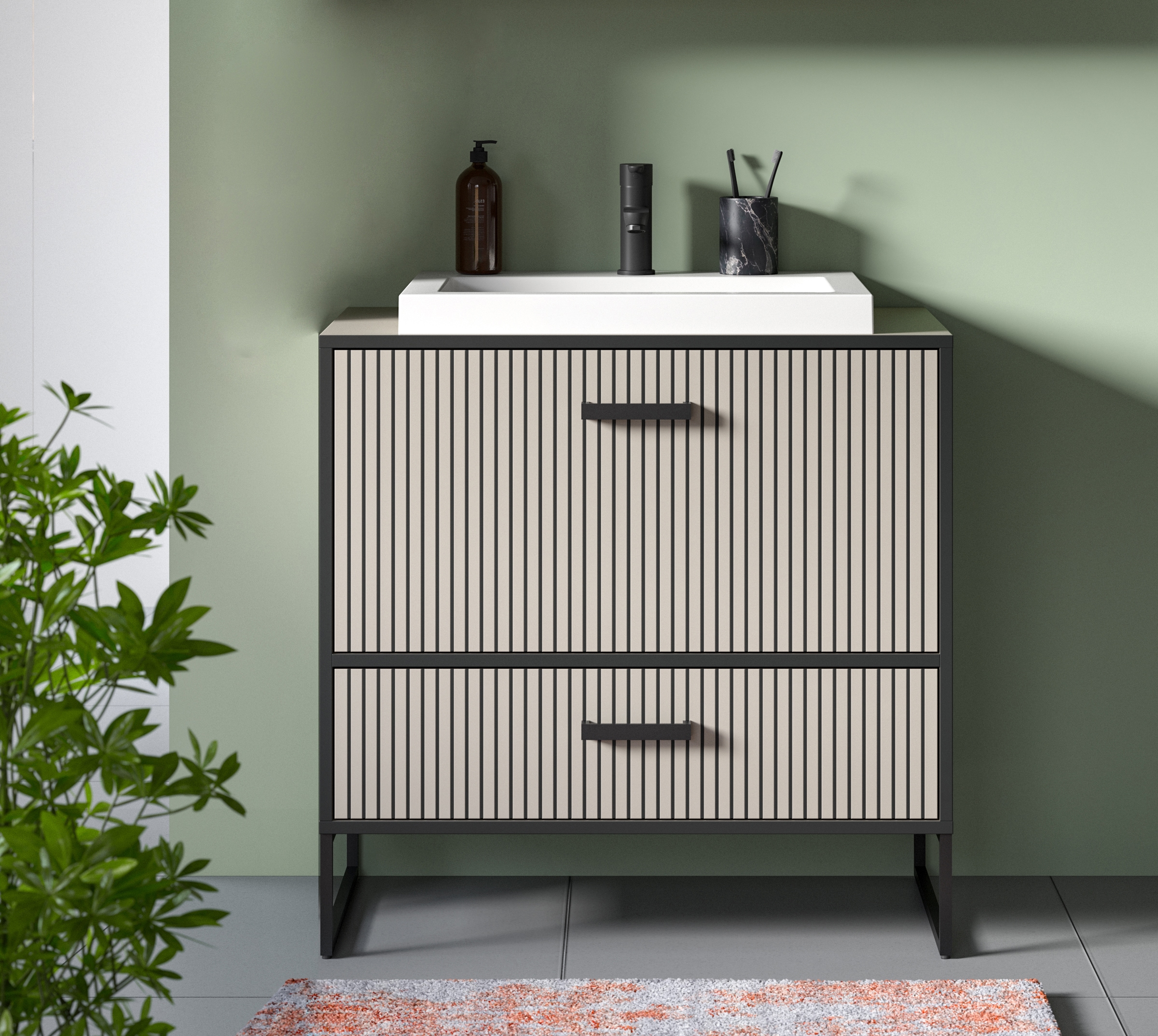 welltime Waschbeckenunterschrank »Locri, Höhe 84 cm, Rillenoptik, Metallkufen«, (2 St.), Aufsatzwaschbecken, modernes Design, Unterschrank, Badschrank, Bad