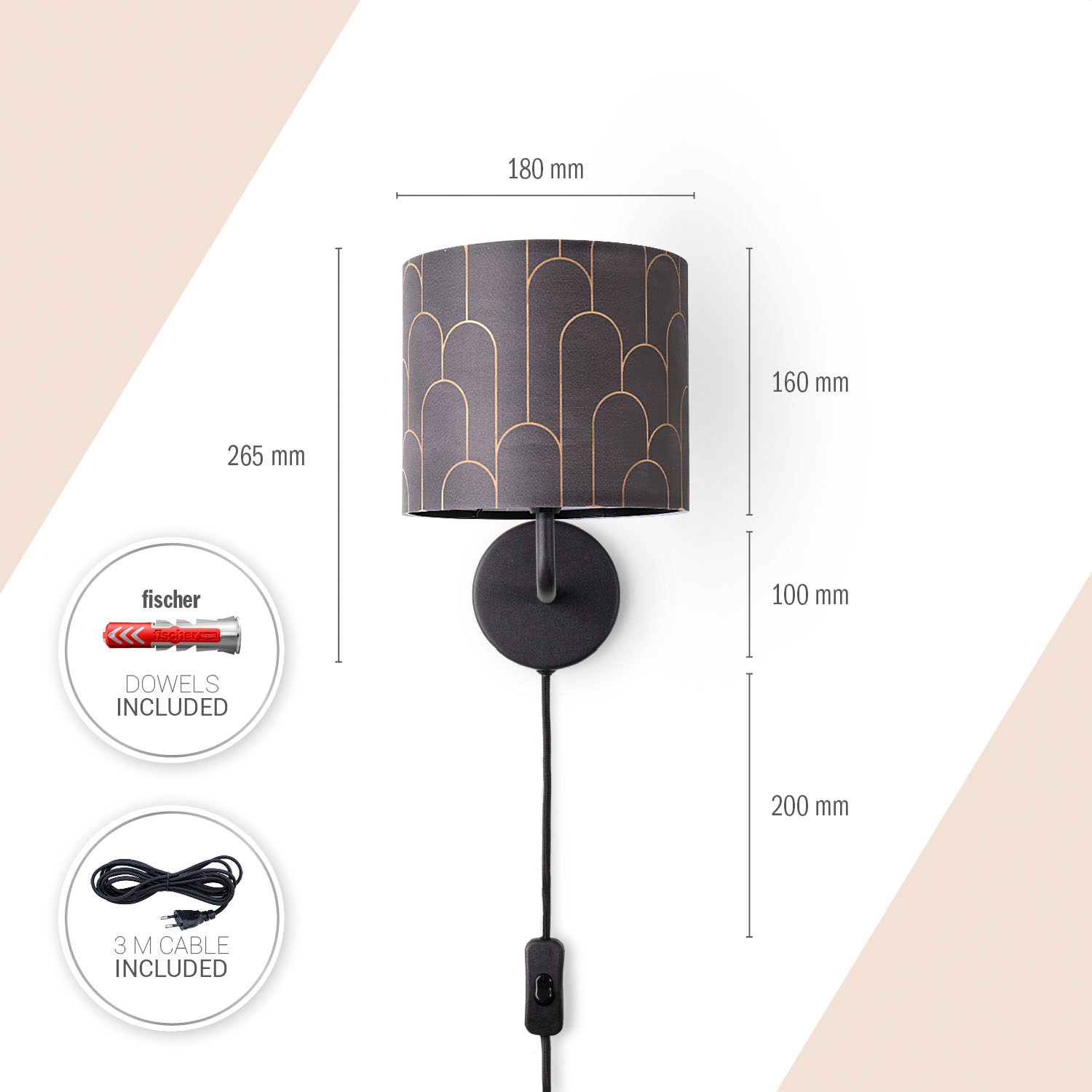 Paco Home Wandleuchte »Luca Pillar«, Leuchtmittel E14 | ohne Leuchtmittel, Mit Stoffschirm  Modern Retro Uni Mit Muster E14