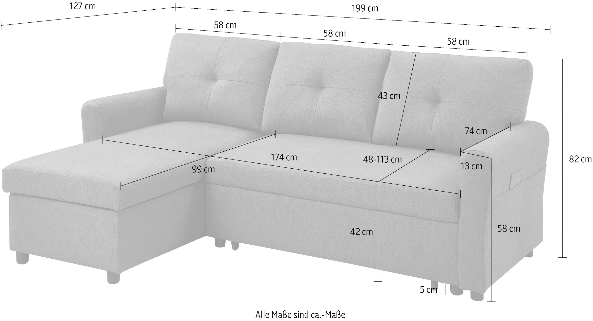 ATLANTIC home collection Ecksofa »Gustavo L-Form«, mit Schlaffunktion, Stauraum & seitlichen Taschen