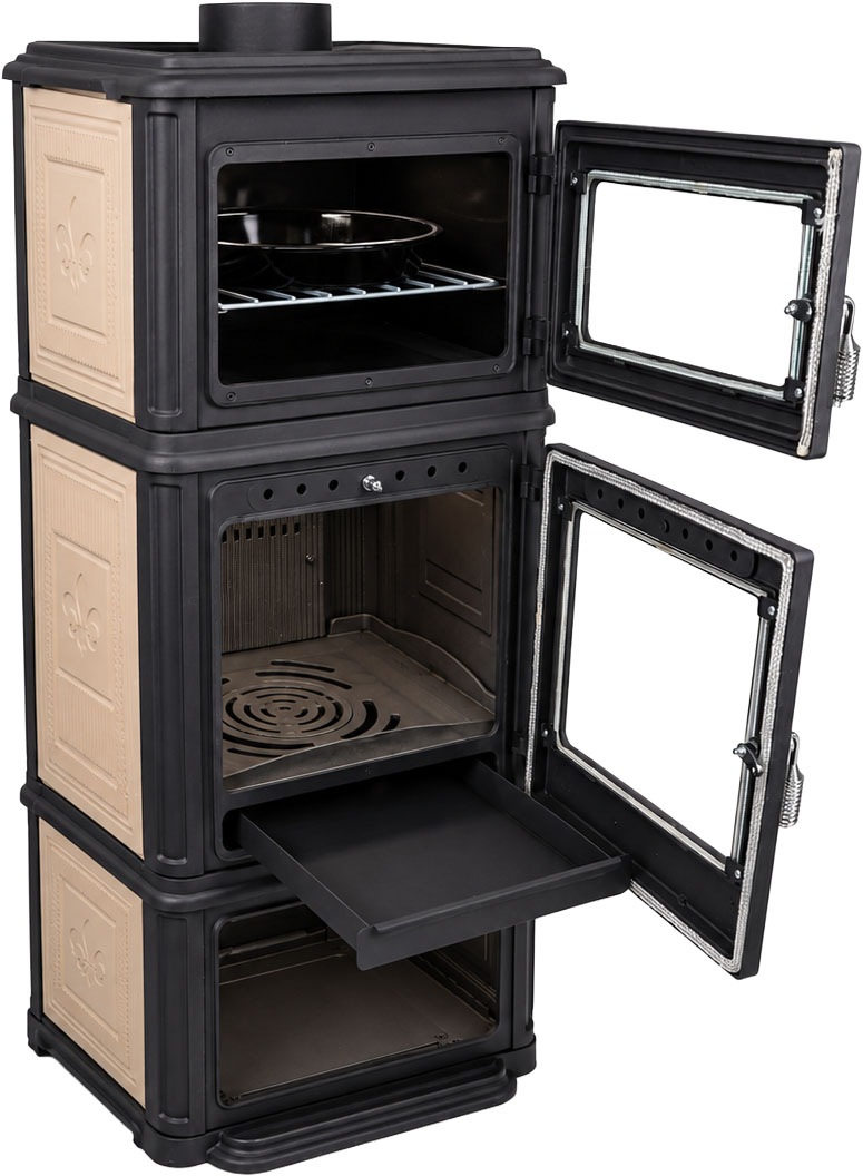 Hanseatic Kaminofen »Minerva, Gussofen mit Backofen und Beige emaillierten Seiten« Großer Feuerraum