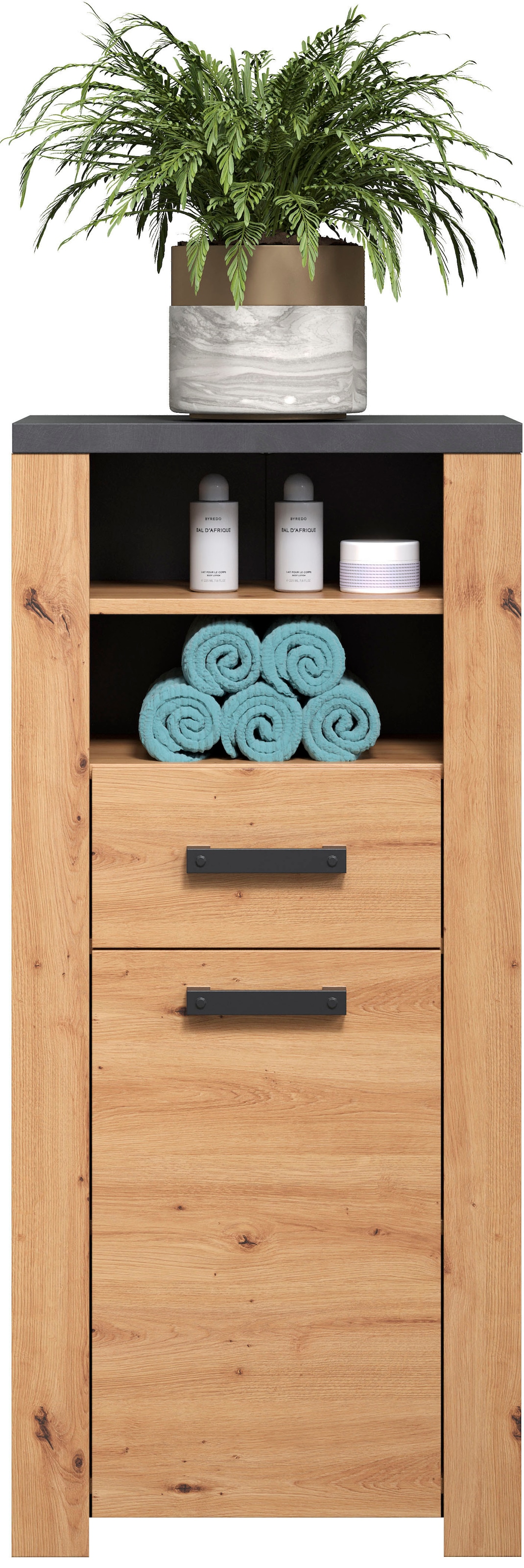 welltime Midischrank »Ambres«, (1 St.), Badschrank in matter Echtholzoptik - Maße (B/T/H) 53/35/118 cm