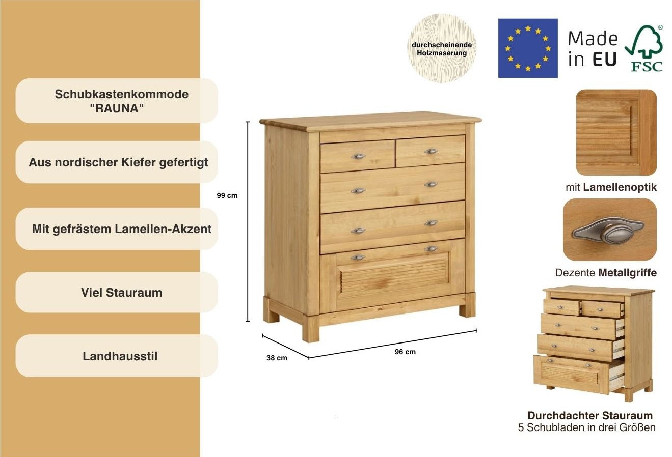 Home affaire Schubkastenkommode »Rauna« aus massiver Kiefer mit 5 Schubladen, Breite 96 cm