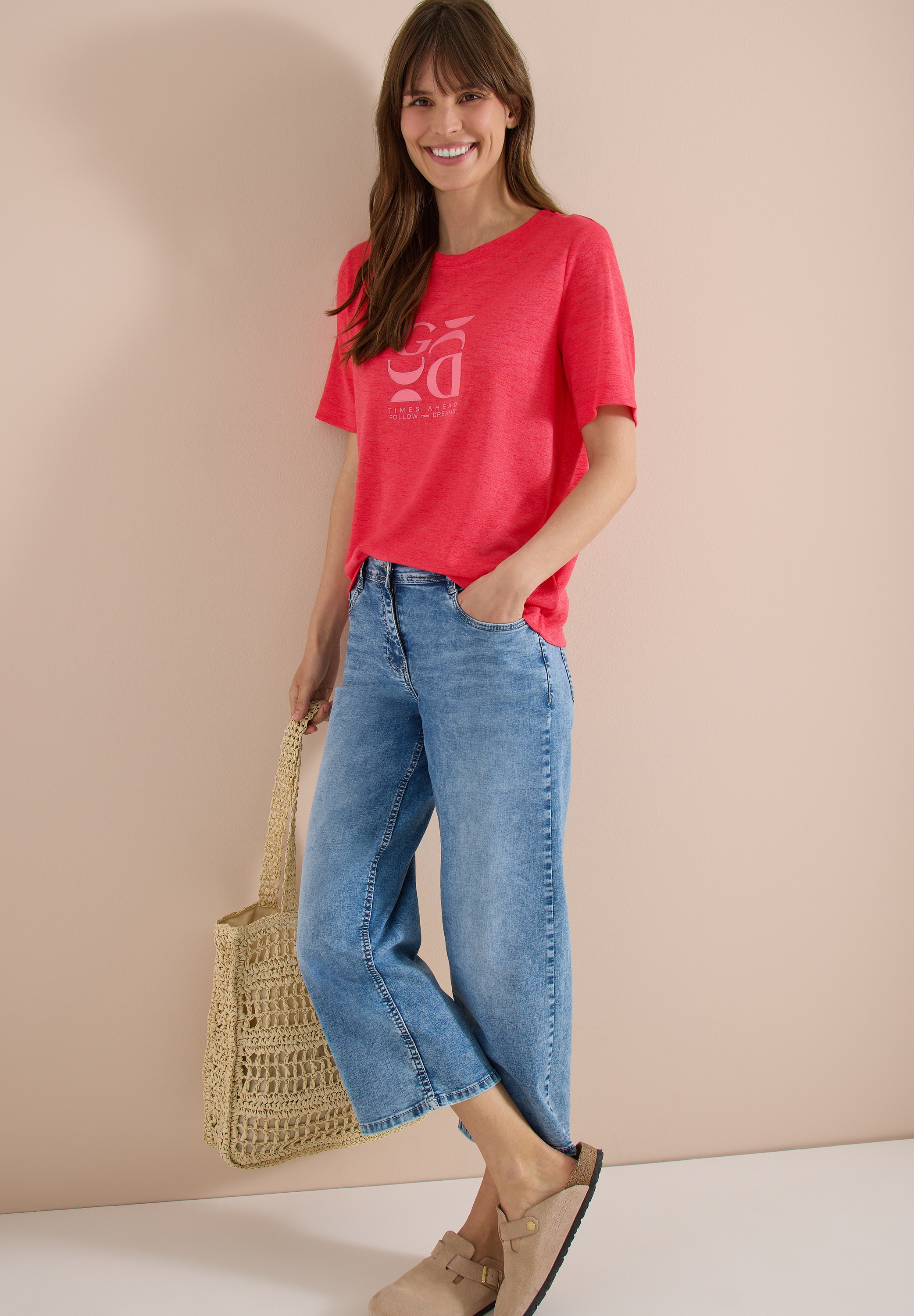 Cecil Kurzarmshirt Sommershirt in Leinen-Optik mit Print