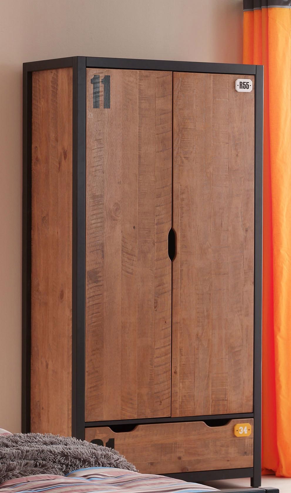 Vipack Kleiderschrank »Alex, Fronten massiv Kiefer in Hobel-Optik, Dekor Ziffern« H/T ca. x200x55cm, Rahmen schwarz, wahlweise 2 Breiten,  inkl. Schublade/n, innen mit Kleiderstange