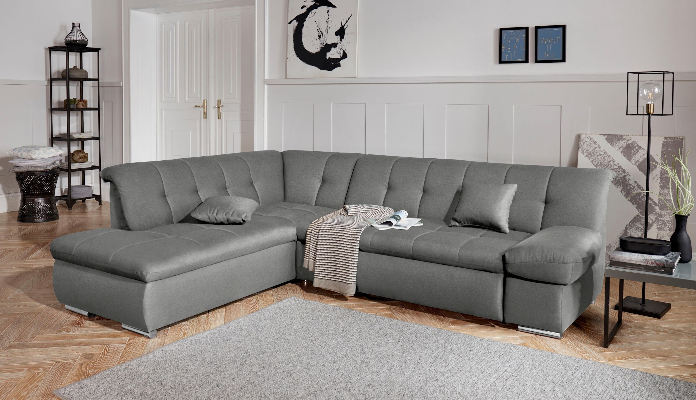 DOMO collection Ecksofa "MONA 271x213 cm, modern & komfortabel, bequem" whlw. mit Bett- und Armlehnfunktion, L-Form