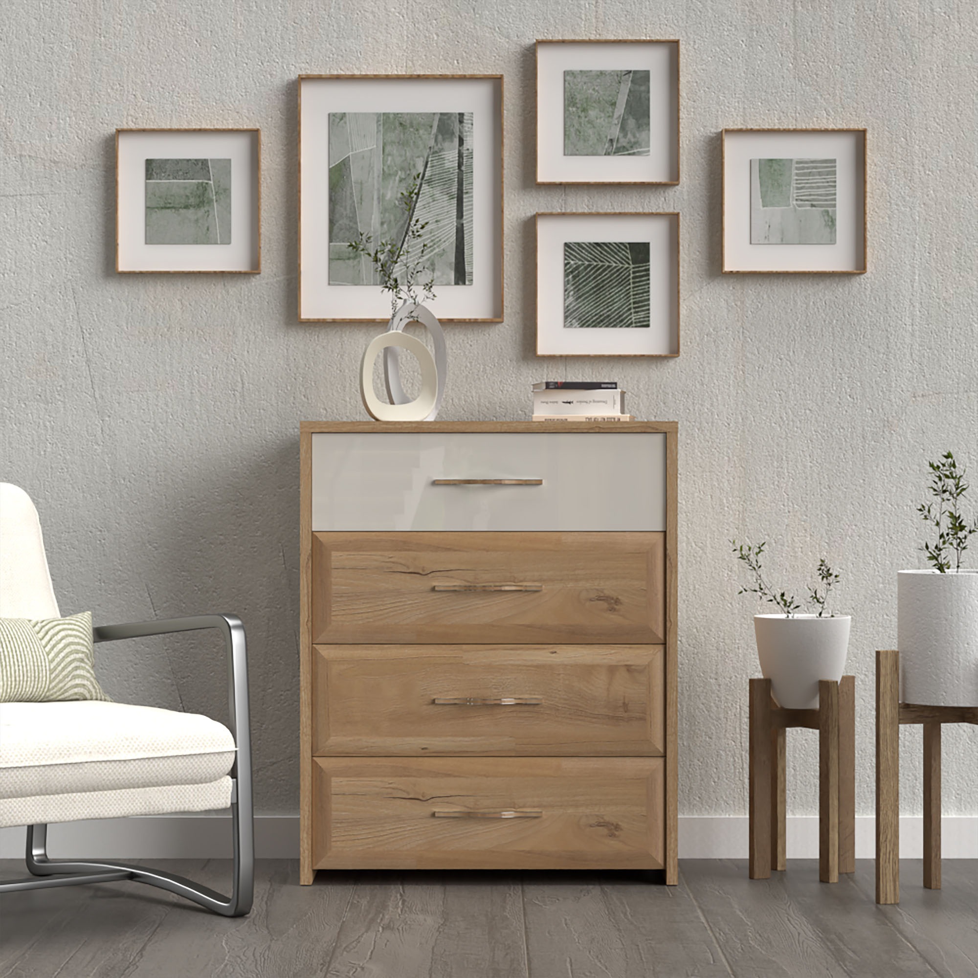 Home affaire Schubkastenkommode »Gala, melaminbeschichtet,1 Schublade beige hochglänzend UV lackiert«, (Soft-Close Funktion, Maße: B/T/H 86/46/105cm), mit 4 Schubladen, klassische Rahmenoptik, FSC-zertifiziert