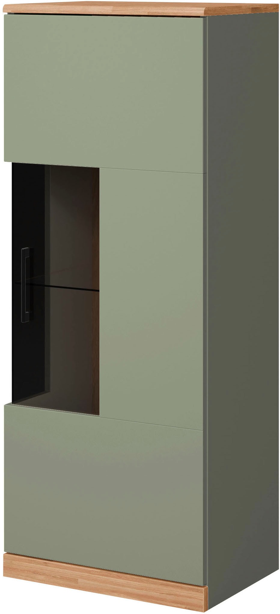 OTTO home Vitrine »Ribe,125cm hoch,4 Fächer,1Glasboden variabel einsetzbar« Oberplatte Eiche massiv,dunkles Glas, schwarze Metall Griffe