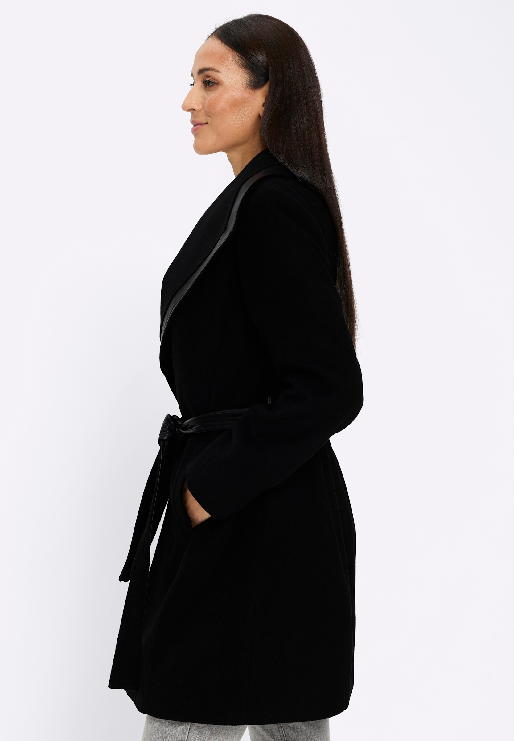 heine Kurzjacke »Kurzmantel Kurzmantel mit Lederimitat-Akzente« ohne Kapuze