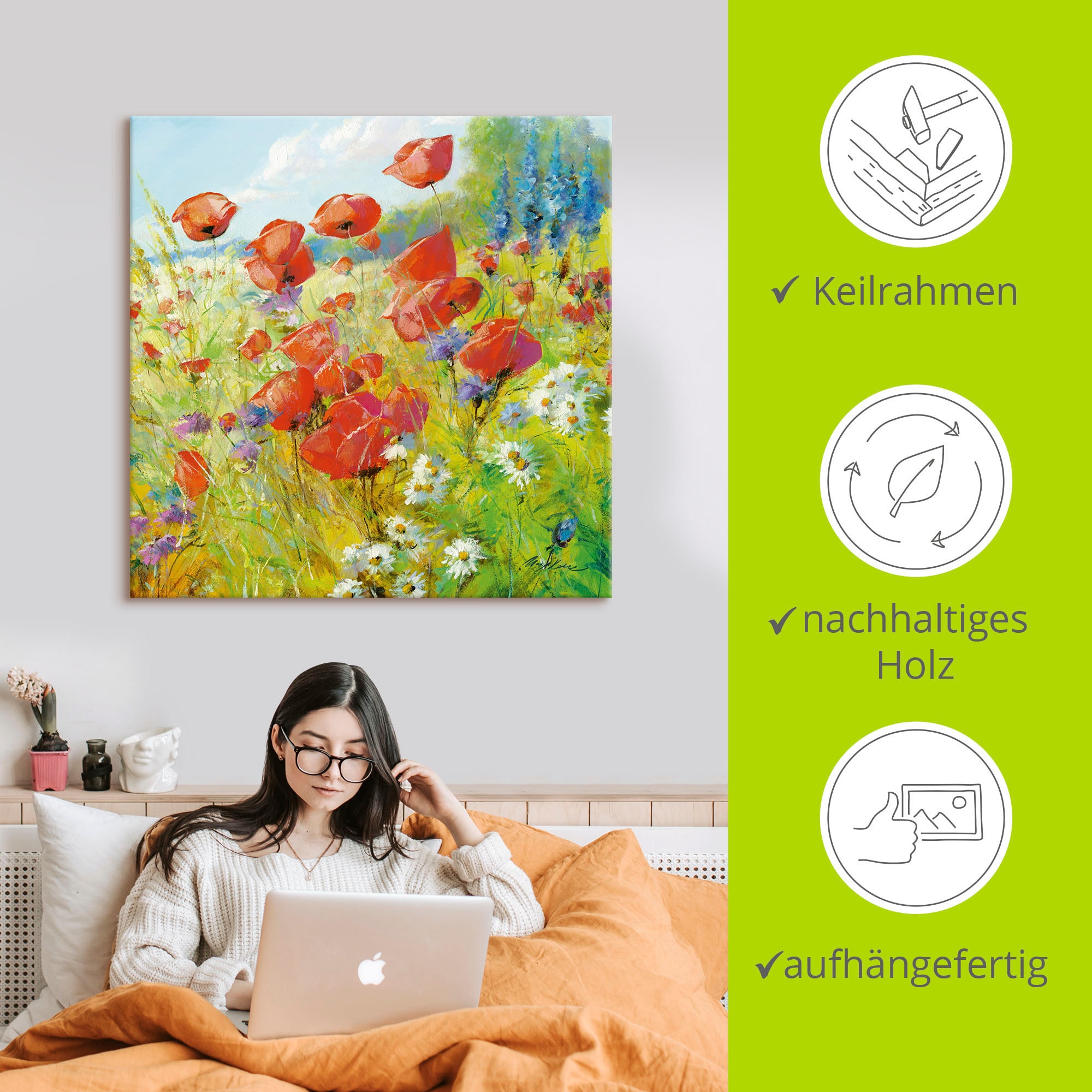 Artland Wandbild »Sommerwiese mit Mohnblumen« Blumenwiese 1 Stk. tlg. als Alubild, Outdoorbild, Leinwandbild, Poster in verschied. Größen