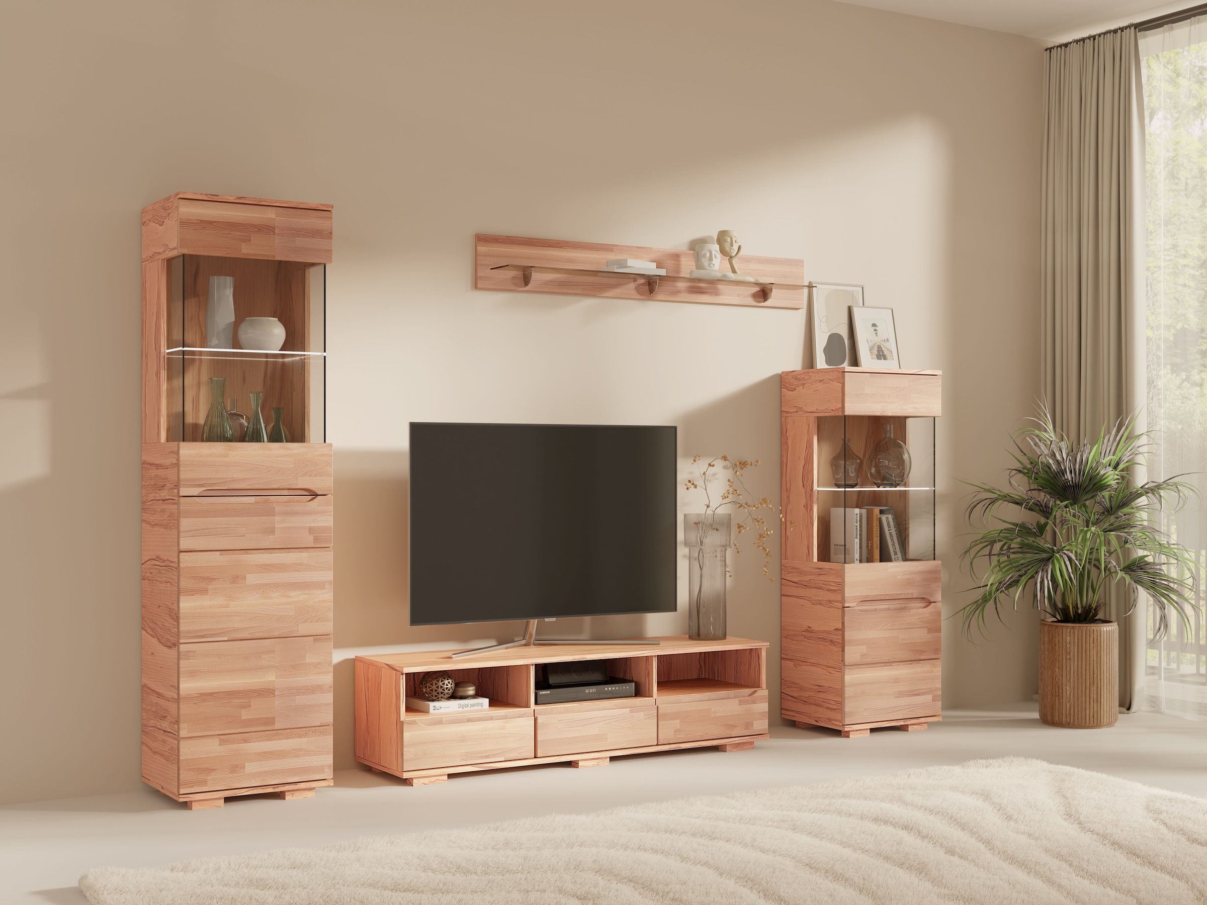 OTTO home Lowboard »VETRO Teilmassiv, Fronten Massivholz, Wohnzimmer, Stauraum,Griffmulde« B/T/H:150/40/40 cm, 3 Schubladen, 3 offene Fächer, kabeldurchführung