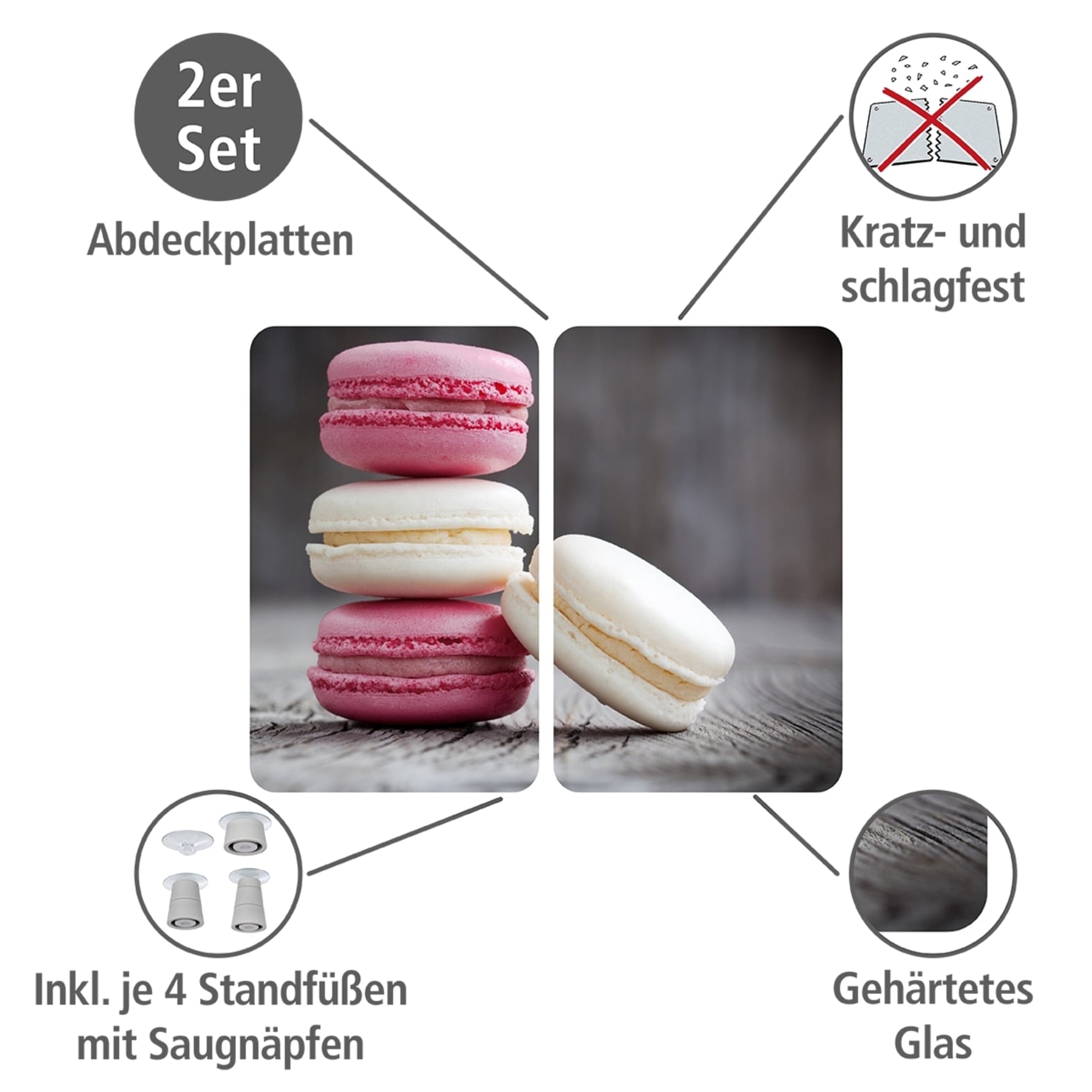 WENKO Herd-Abdeckplatte »Universal Modell Macarons«, (Set, 2 tlg.), Herdabdeckung für alle Herdarten, kratzfest, mit rutschfesten Füßen