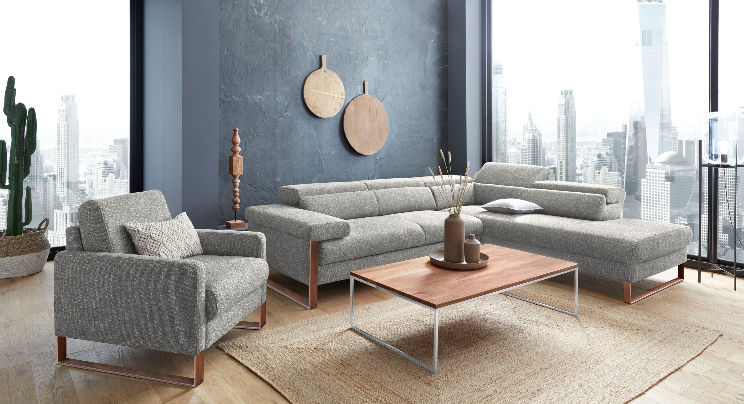 W.SCHILLIG Ecksofa »finn, Designsofa mit tollem Sitzkomfort, bequem, L-Form«, German Design Award 2016, Fußgestell Nussbaum natur, Breite 281 cm