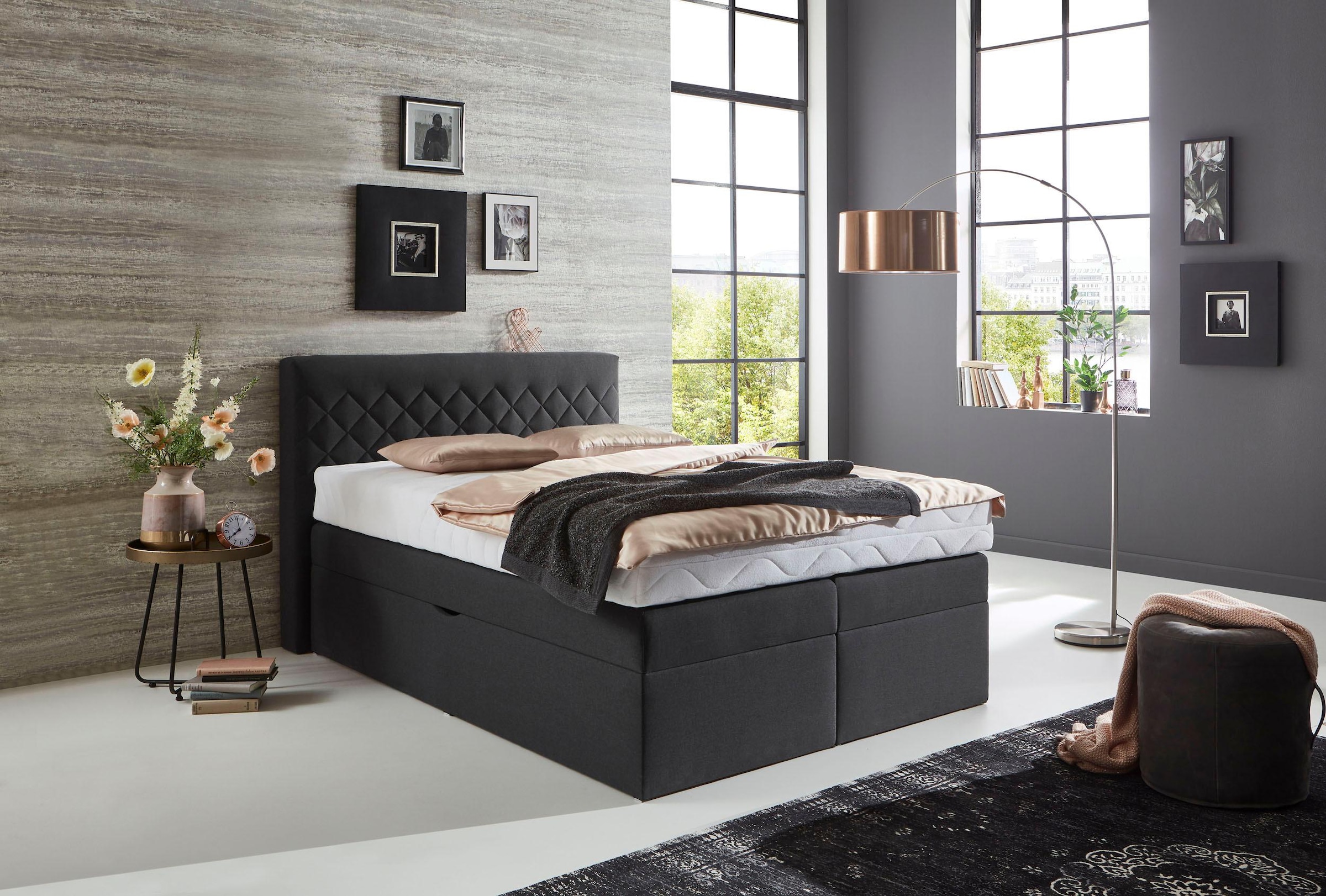 Westfalia Schlafkomfort, Boxspringbett wahlweise mit Bettkasten, anthrazit, Box und Kopfteil: Strukturstoff (77% Polyester, 23% Viskose);Bezug der 