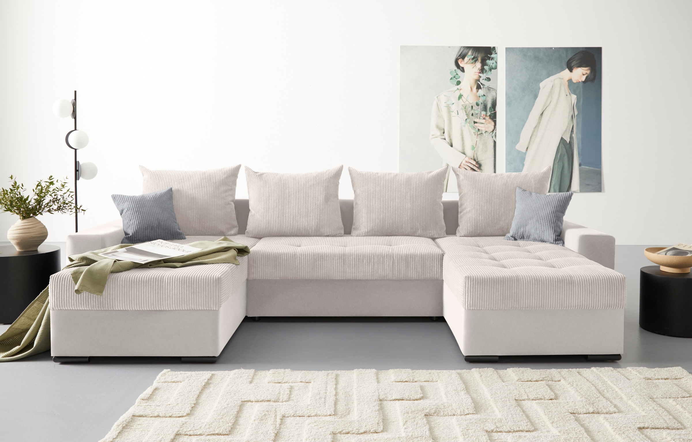 COLLECTION AB Wohnlandschaft »XL-Josy U-Form, Breite 313 cm, Cord-/Mix«, inkl. Bettfunktion, Bettkasten, mit 4 gleich großen Rückenkissen