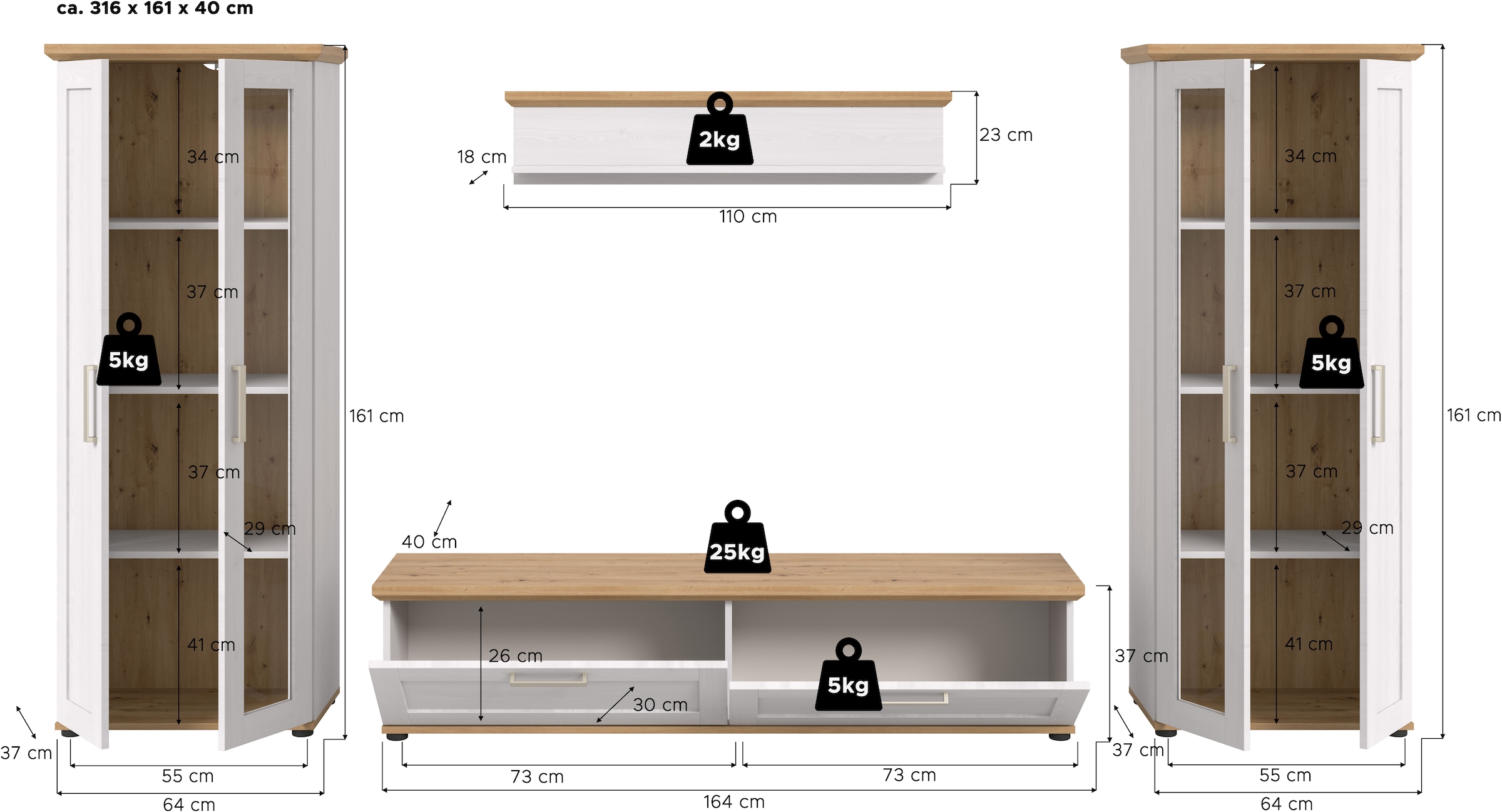 Home affaire Wohnwand »Cosenza«, (Set, 4 St.), Cosenza, Breite: 336 cm, 2xVitrine, Lowboard, Wandboard