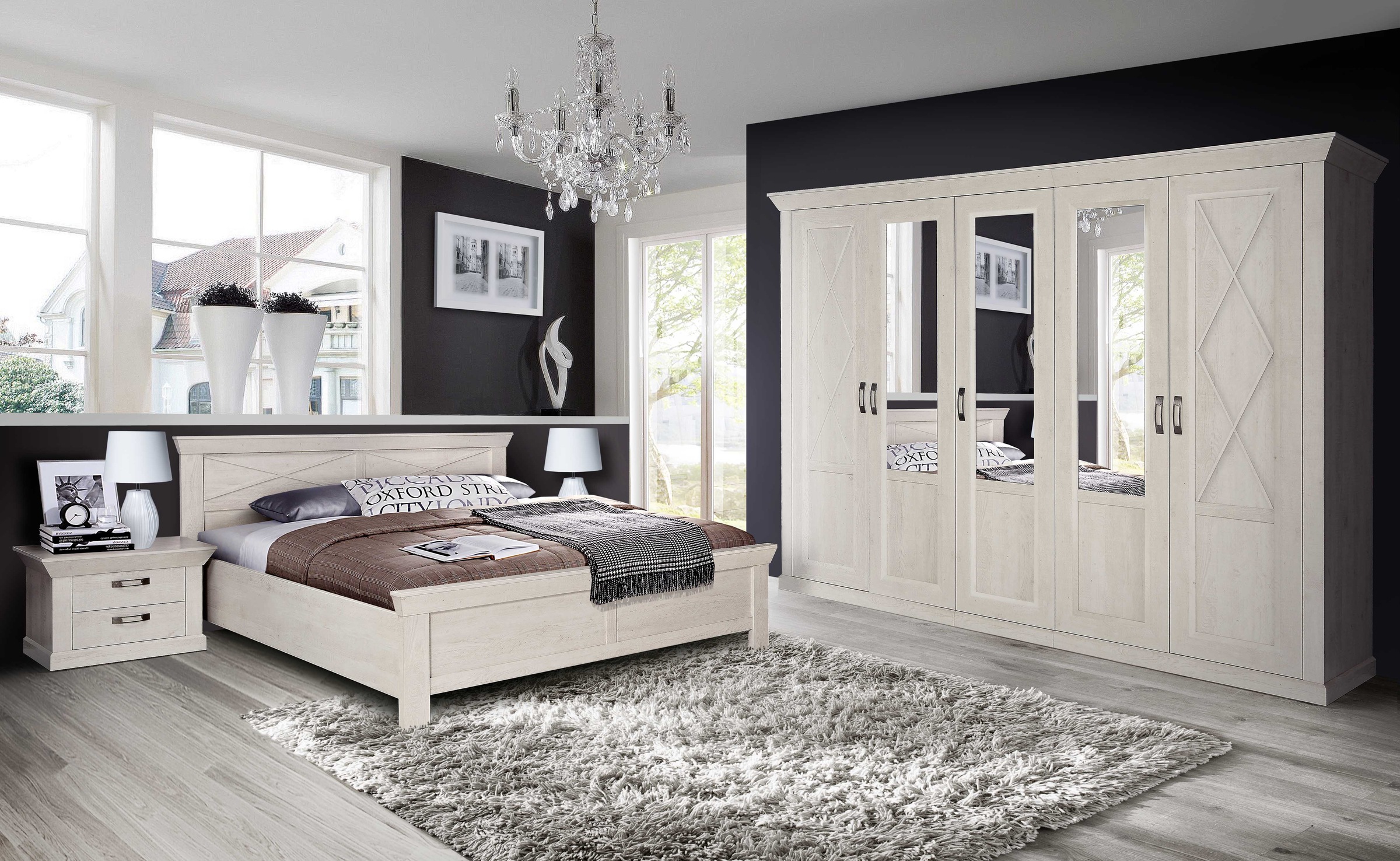 FORTE Bett »KASHMIR, Belastbarkeit 250 KG, dekoratives Kopfteil«, (Liegefläche 180 x 200 cm, B x H x T: ca. 191 x 99x 210 cm), Bett im Landhaustil, pflegeleicht, Dekor Pinie Weiß