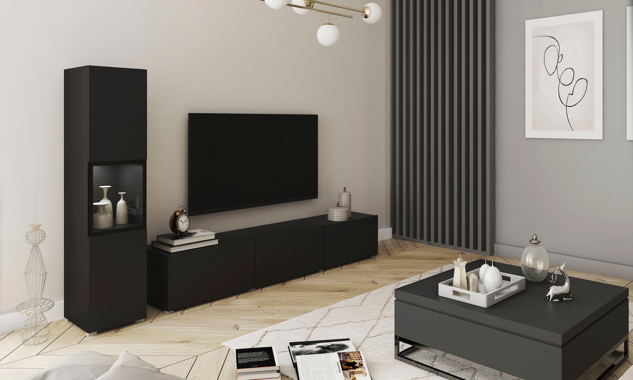 INOSIGN Wohnwand »BERLIN I, Vitrine Türschlag links/rechts wechselbar«, (Komplett-Set, 2 St.), moderne grifflose Mediawand Breite 220 cm, Vitrine mit Verglasung
