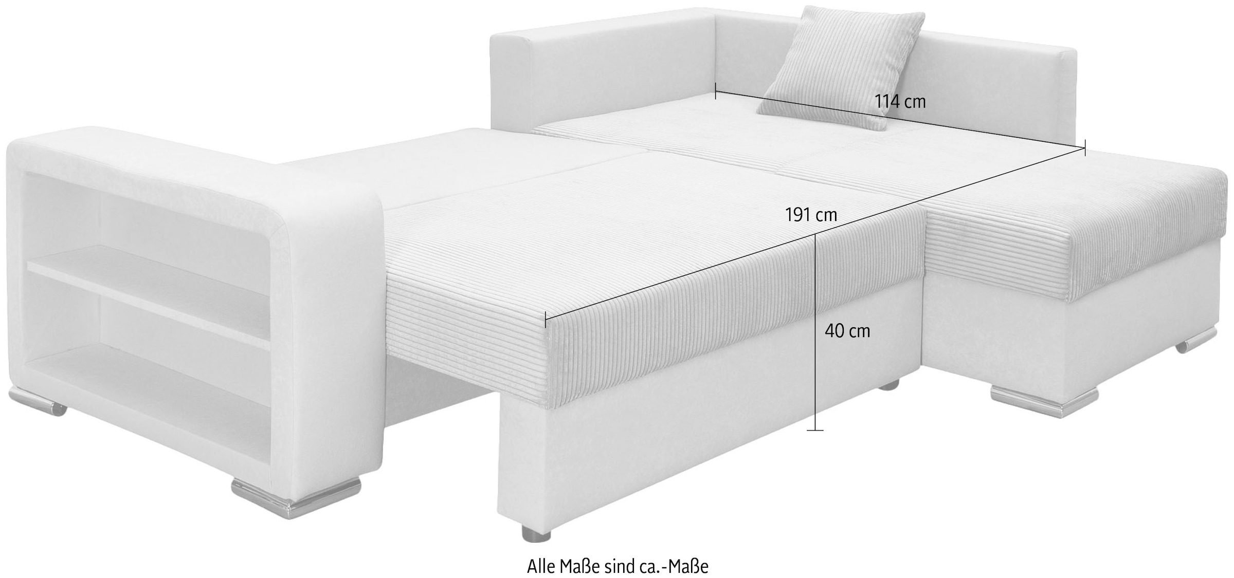 COLLECTION AB Ecksofa »L-Form«, Regalarmlehne mit LED RGB Beleuchtung,Bettfunktion und Bettkasten