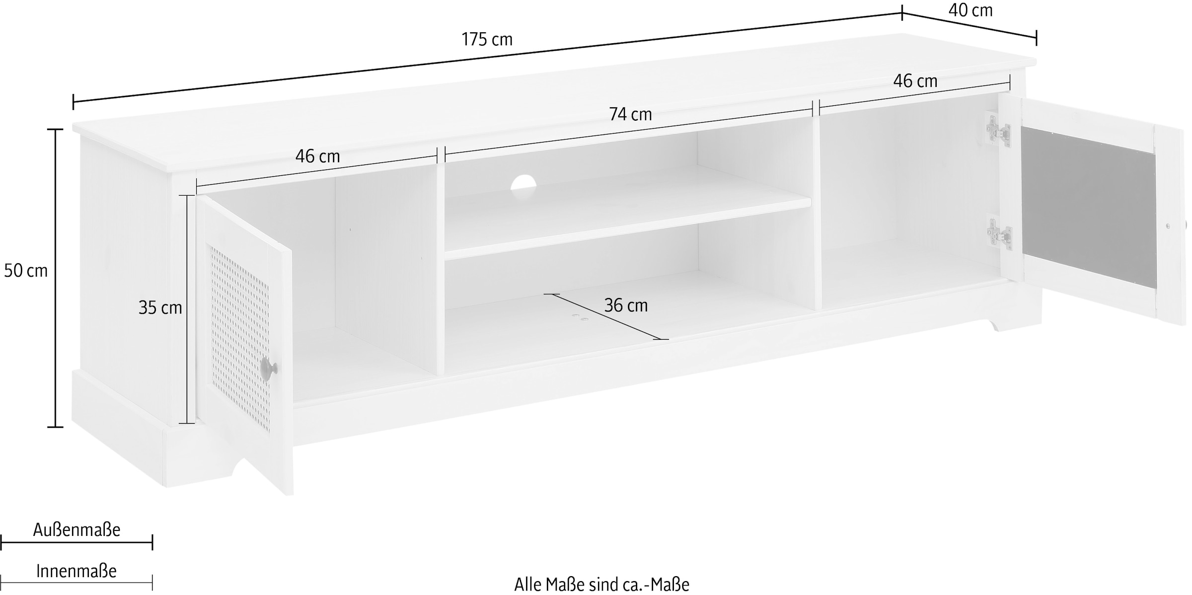 Home affaire Lowboard »Linda«, Kommode mit Weidetürenfronten, schönen Metallgriffen, Breite 175 cm