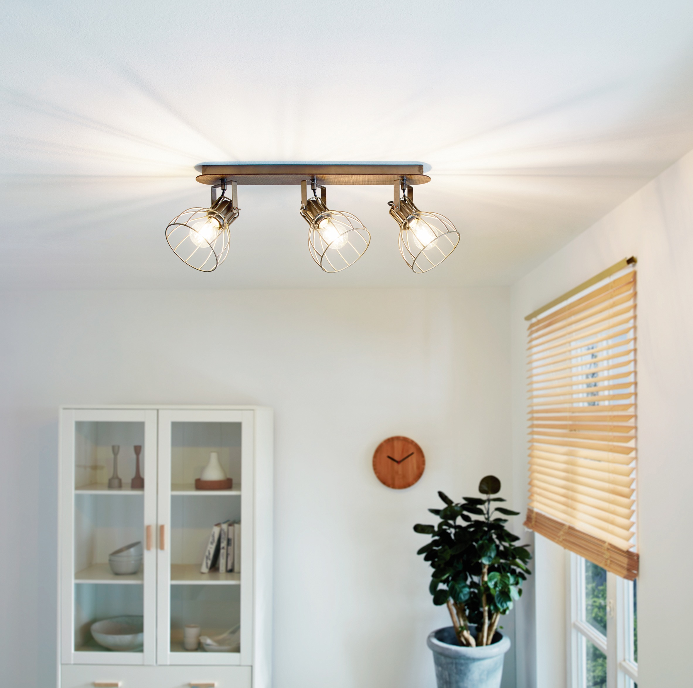 EGLO Deckenspot »SAMBATELLO Deckenstrahler, Holz und Stahl, E27, IP20, Flurlampe, Lampe«, 3 flammig, Leuchtmittel E27 | Leuchtmittel wechselbar-ohne Leuchtmittel, Spot - L57,5 x B9 cm - braun, silber - 3X40W exkl.