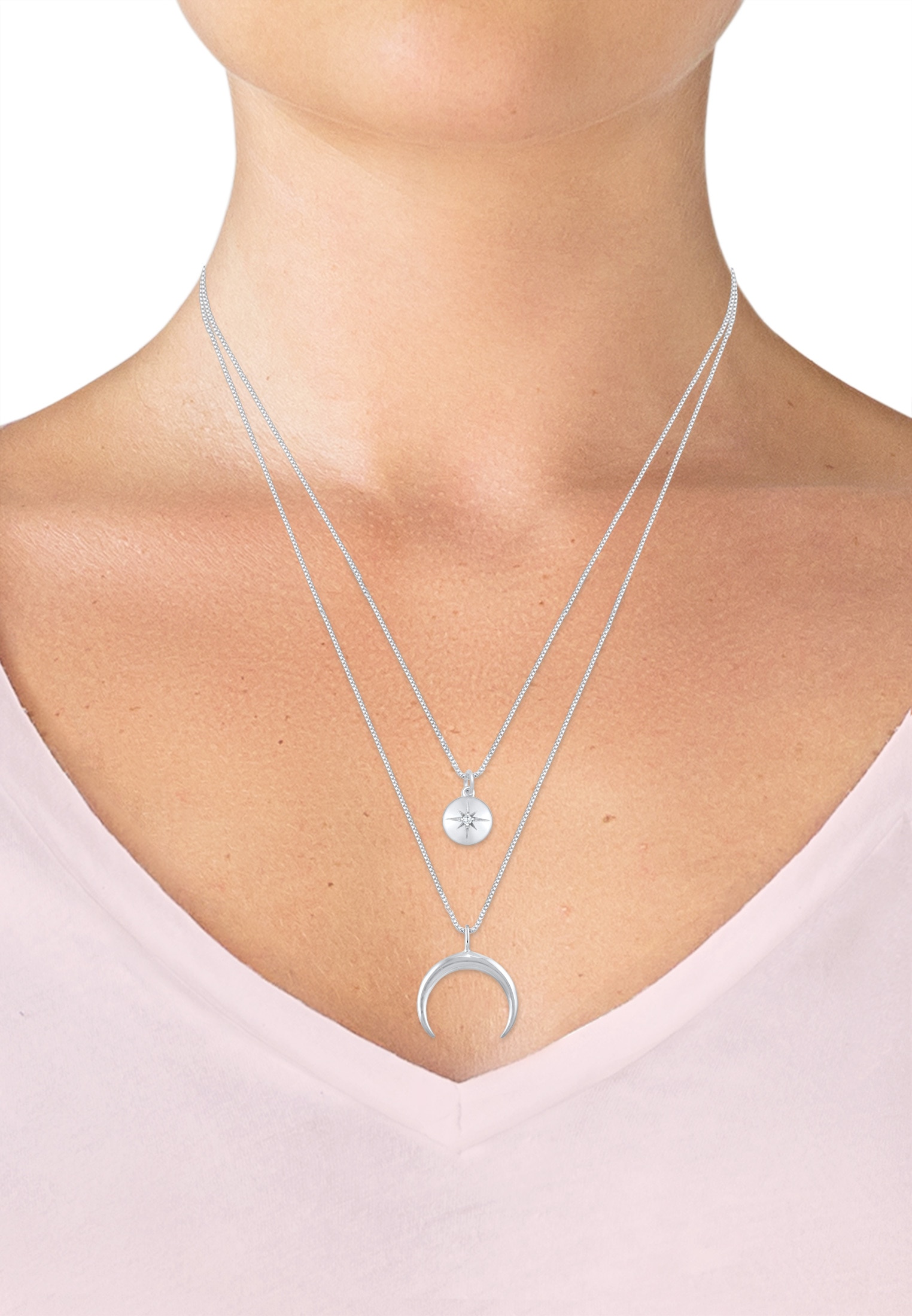 Elli Silberkette »Halskette Layer Halbmond Stern Plättchen Zirkonia 925 Sterling Silber«