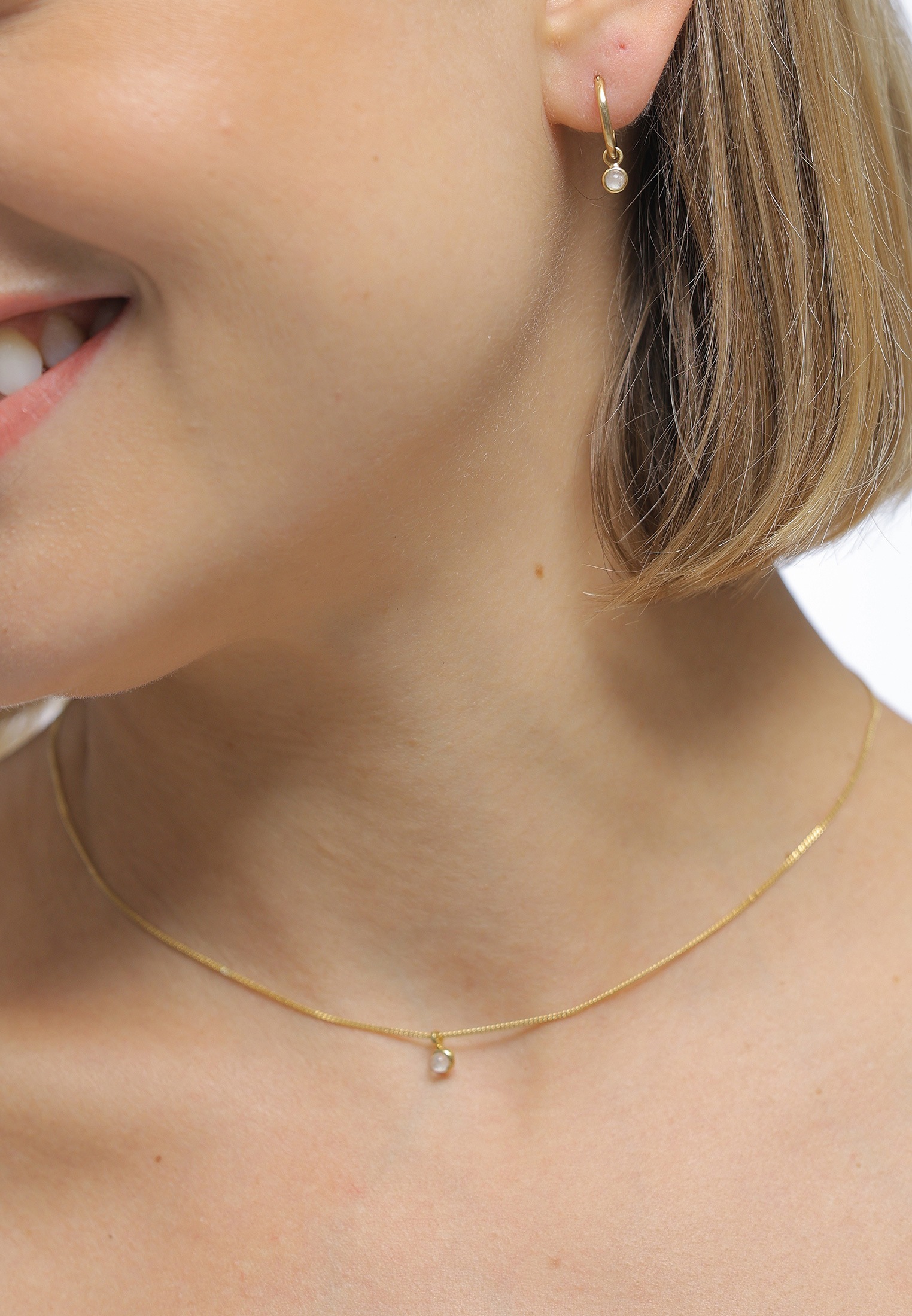 Elli Premium Ohrring und Ketten Set »Schmuckset Kette Creolen Mondstein Stein 925 Silber« ()