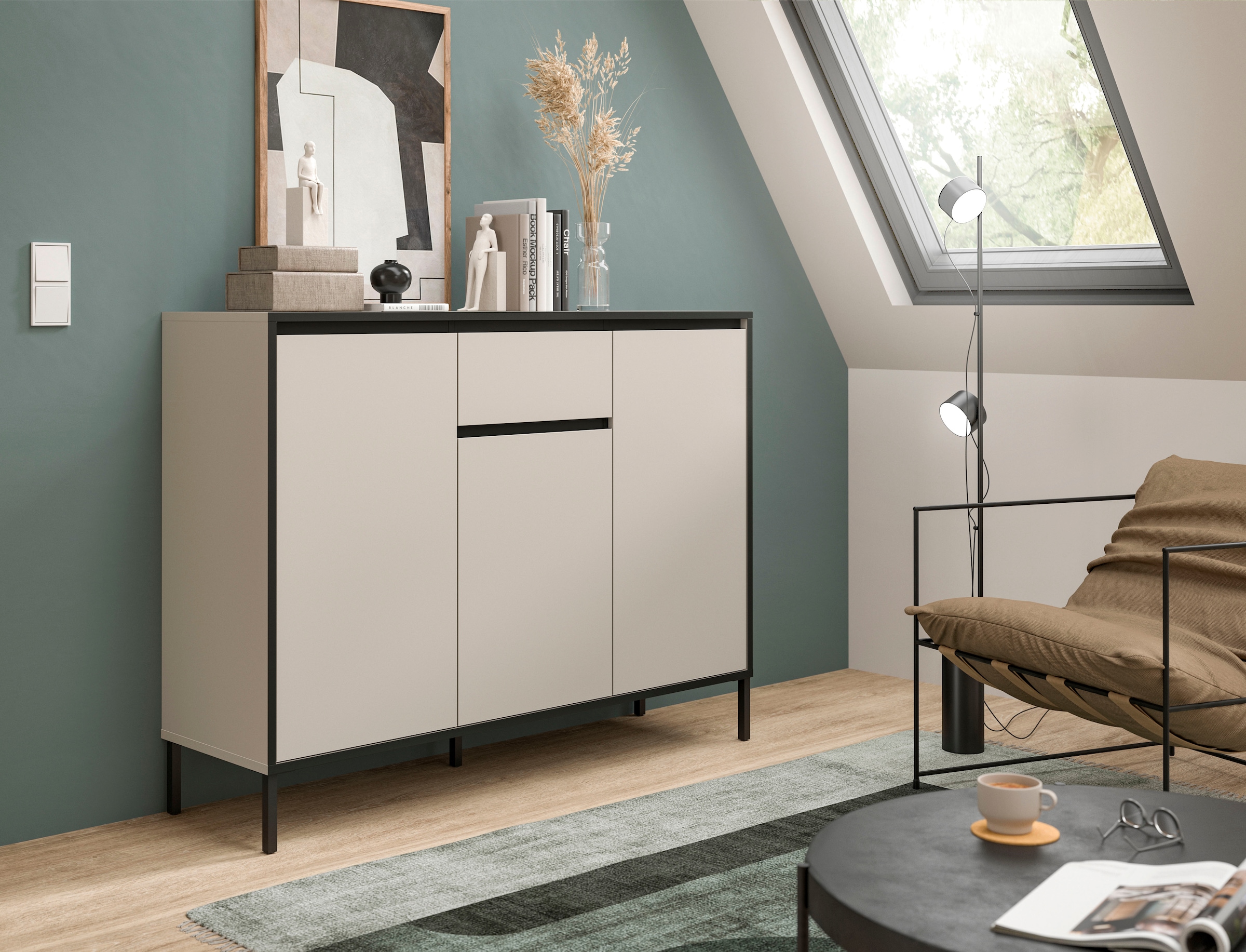 Home affaire Sideboard »NORT, Höhe: 101cm, mit Metall Stabfuß, 3 Türen, 1 Schubkasten« Anrichte, Kommode, Schrank, Board, Higboard