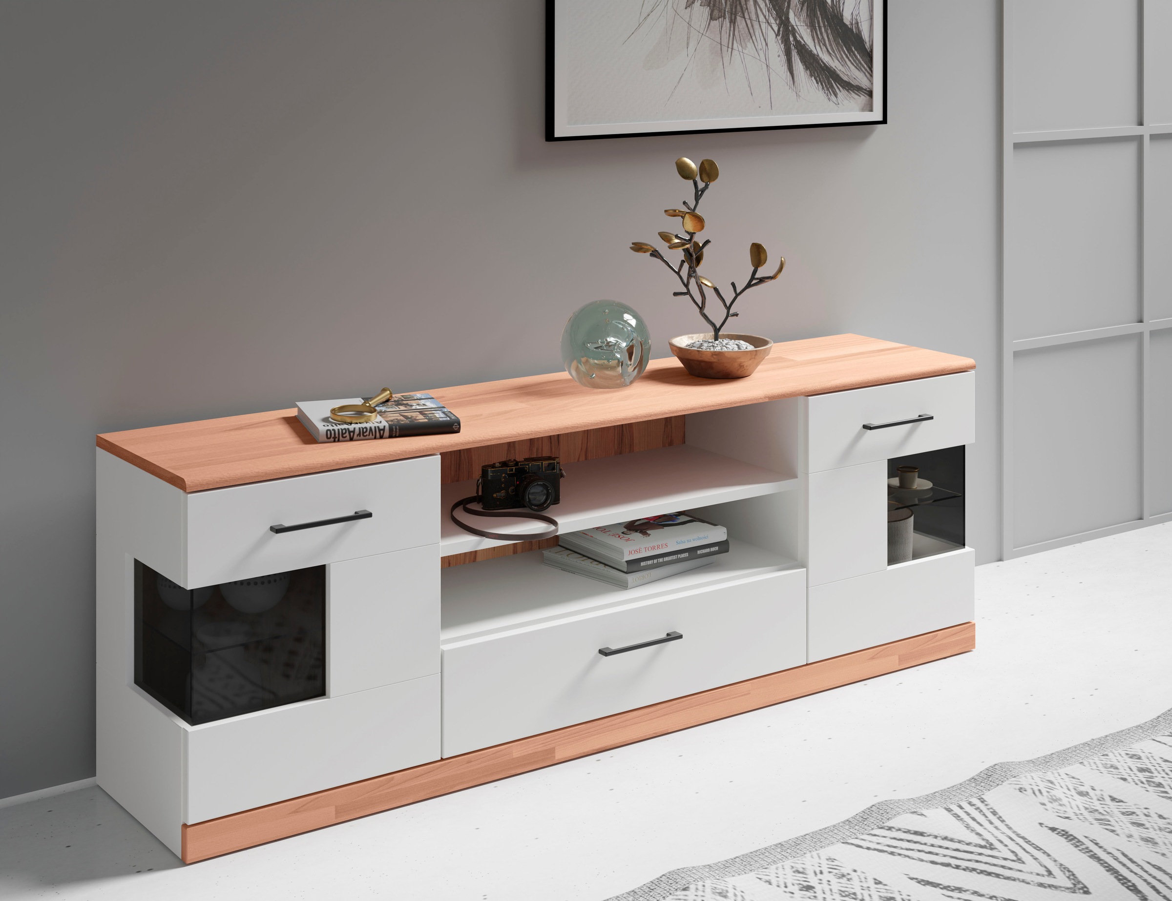 Home affaire Lowboard »Ribe,160cm breit,55cm hoch,Oberplatte massiv«, Oberplatte Massivholz,schwarze Metall Griffe,2 Türen mit Glaseinsatz