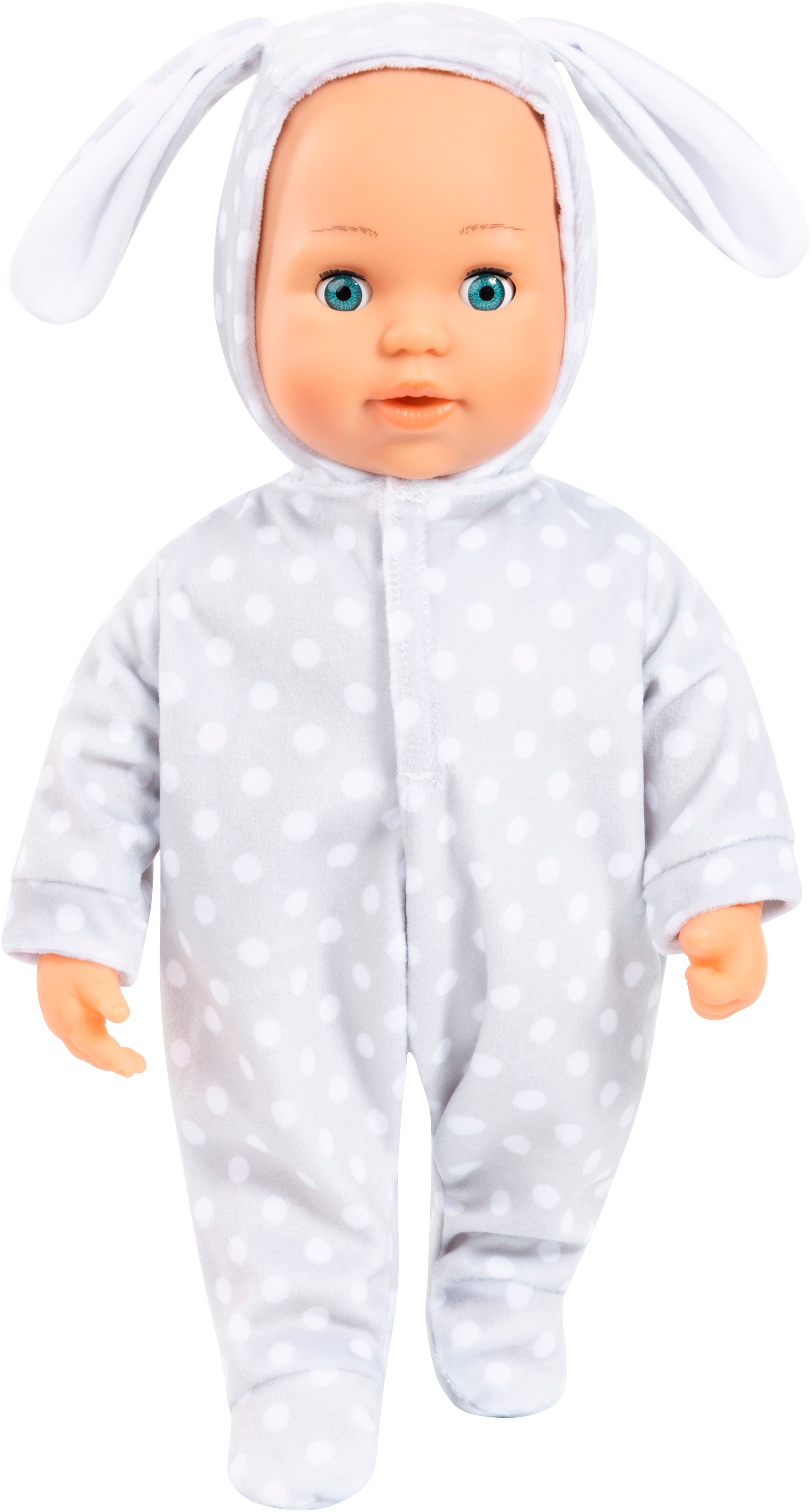 Bayer Babypuppe »Anna First Words Baby, 38 cm grau«, (3 tlg.), mit Schlafaugen und Babygeräuschen