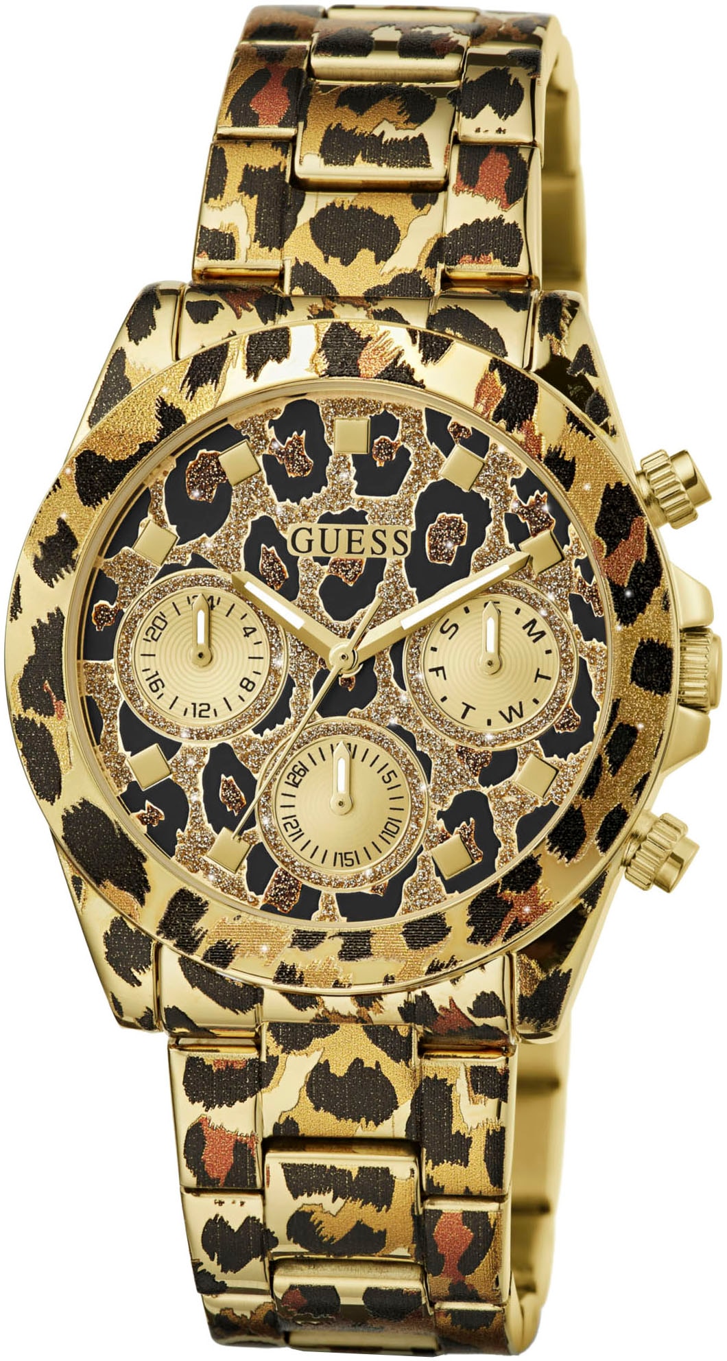 Guess Multifunktionsuhr »LEOPARDESS«, Quarzuhr, Armbanduhr, Damenuhr, Datum, 12/24-Std.-Anzeige