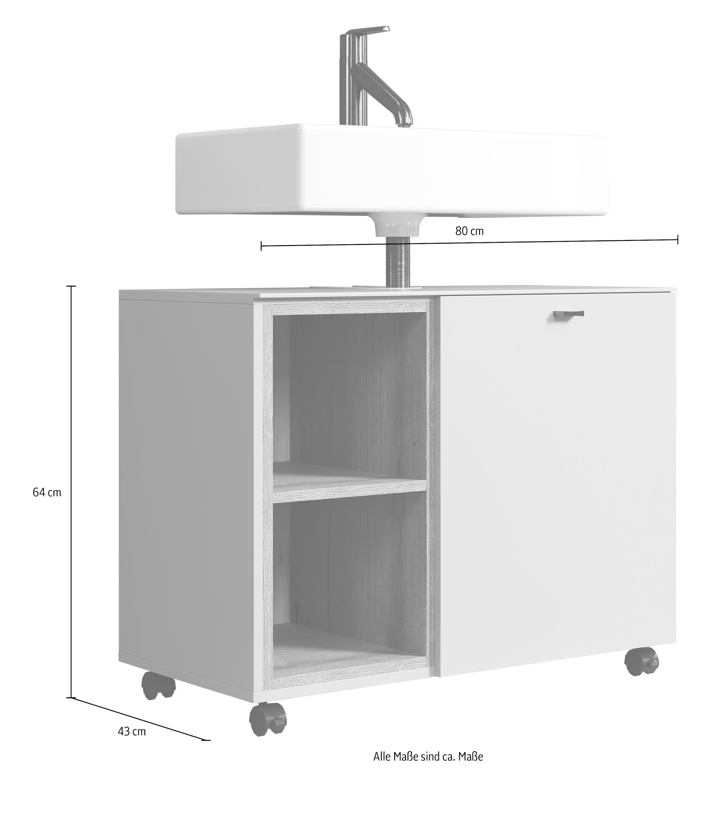 welltime Waschbeckenunterschrank »San Pedro«, (1 St.), Waschtischunterschrank auf Rollen mit Siphonausschnitt - 80/32/64 cm
