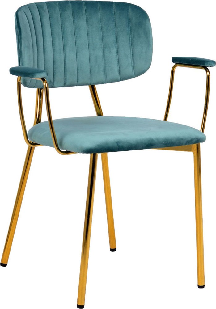 Kayoom Polsterstuhl »Stuhl Giselle 225 2er-Set, Gestell aus Edelstahl«, (Set), 2 St., mit Armlehnen, goldenes Gestell aus Edelstahl, Samtbezug, Ziernähte