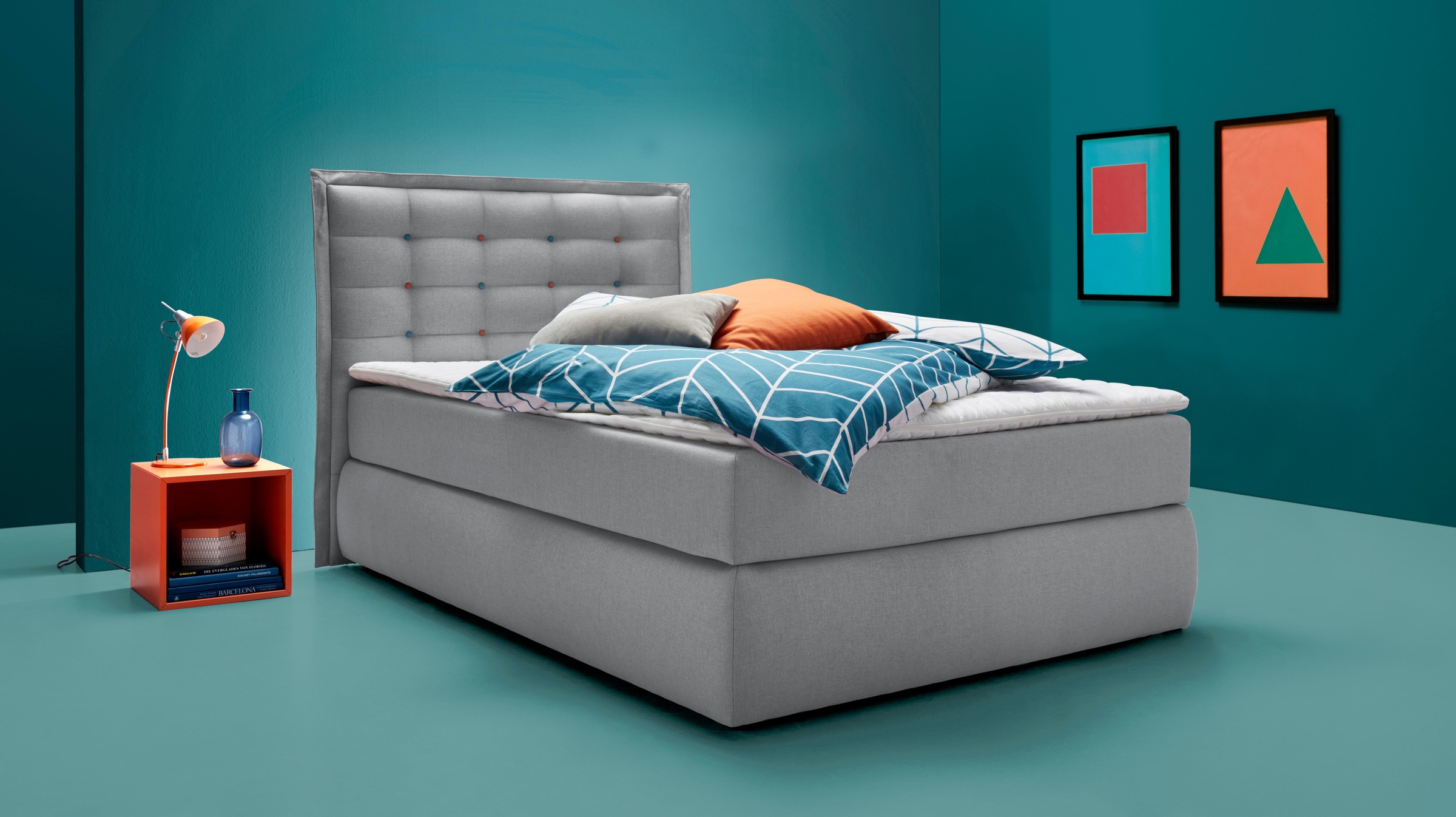 INOSIGN Boxspringbett »Sagres«, Kopfteil mit 2farbiger Flatterbiese und zweifarbigen Knöpfen