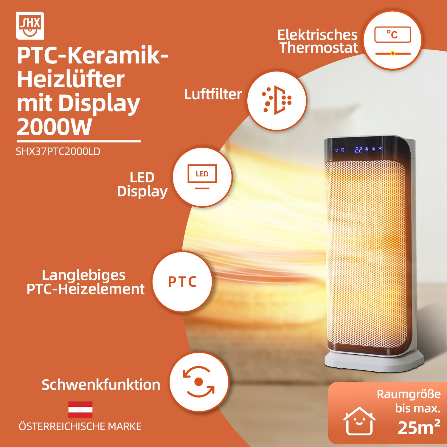 SHX Heizlüfter »SHX37PTC2000LD«, 2000 W, PTC-Keramik, Display, 2000W